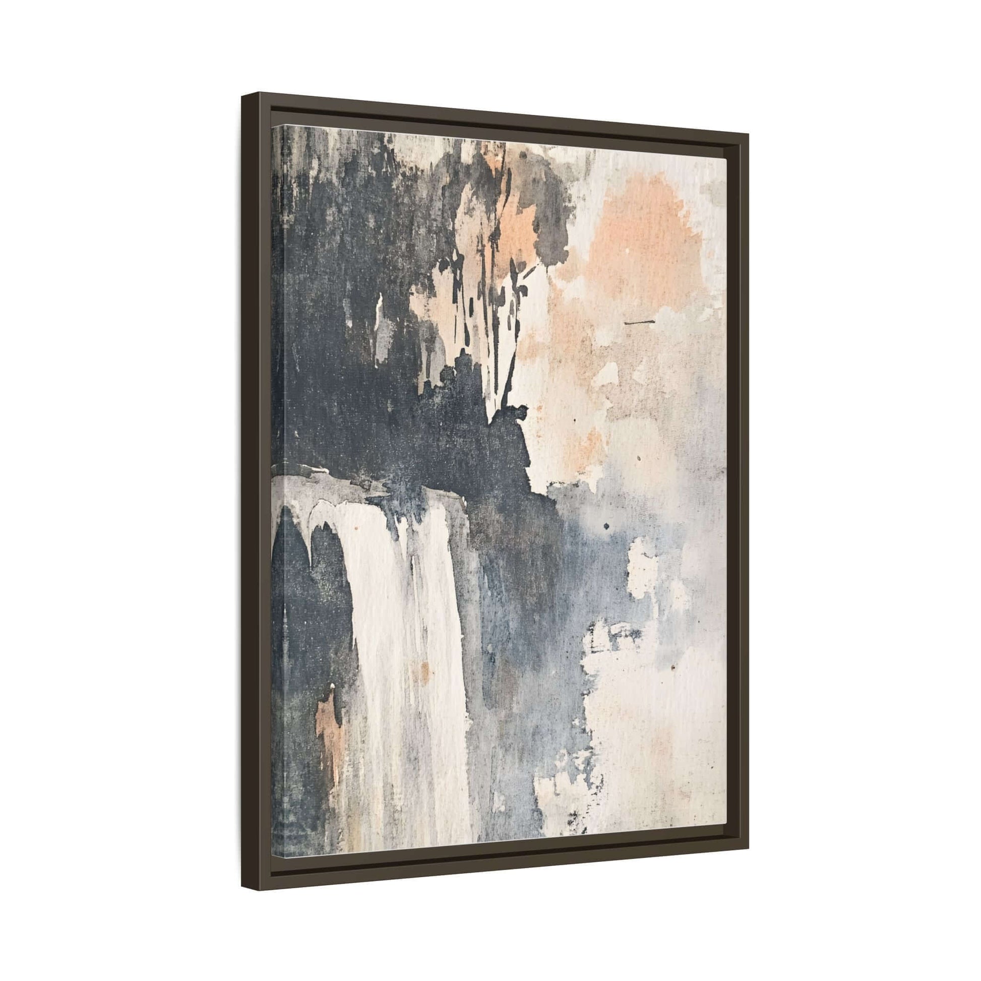 Framed waterfall art print on matte canvas for home decor, featuring abstract nature design, available in multiple sizes and dimensions.