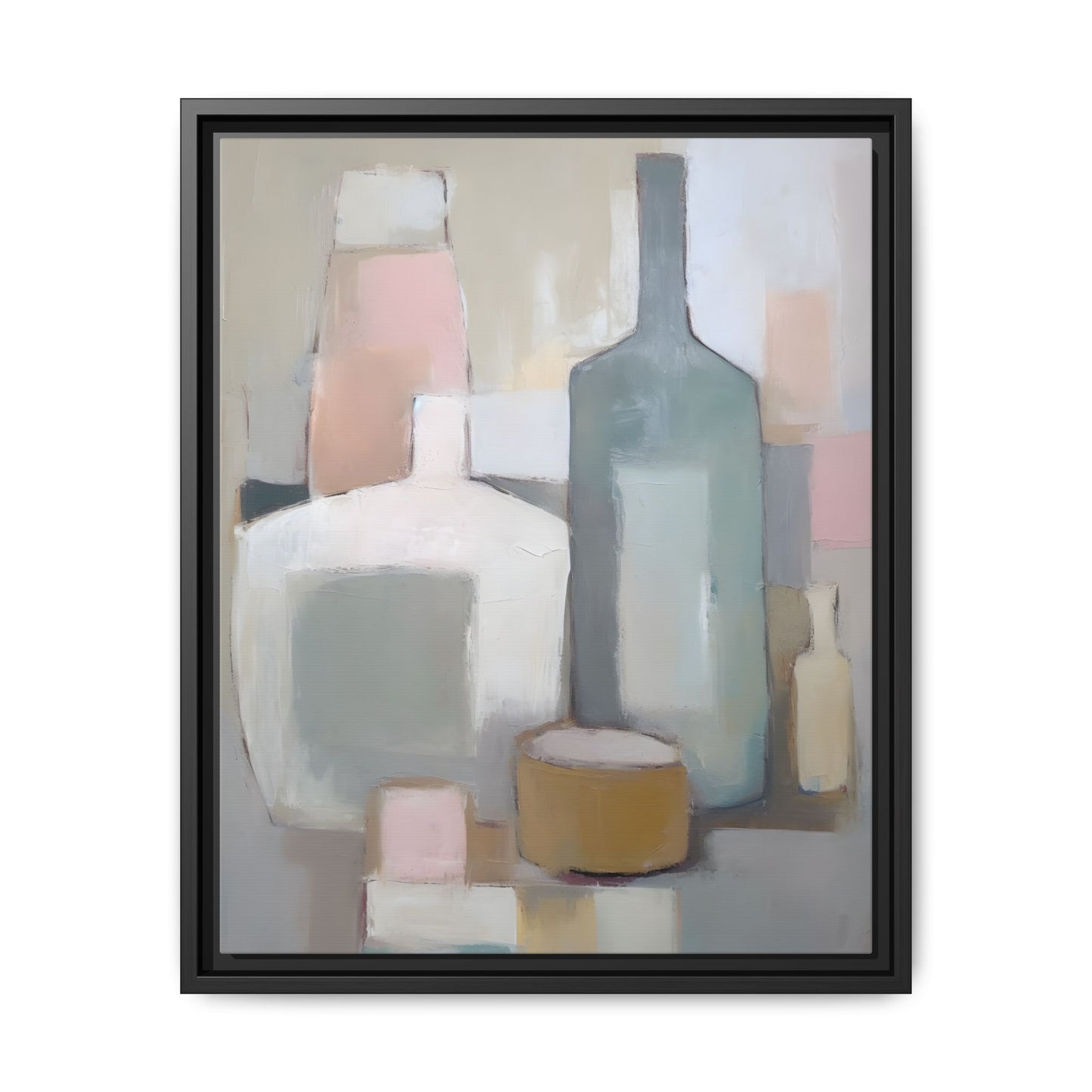 Modern Abstract Bottle Still Life Wall Art – Framed Canvas in Soft Pink, Blue, and Beige with serene bottles and vessels design
