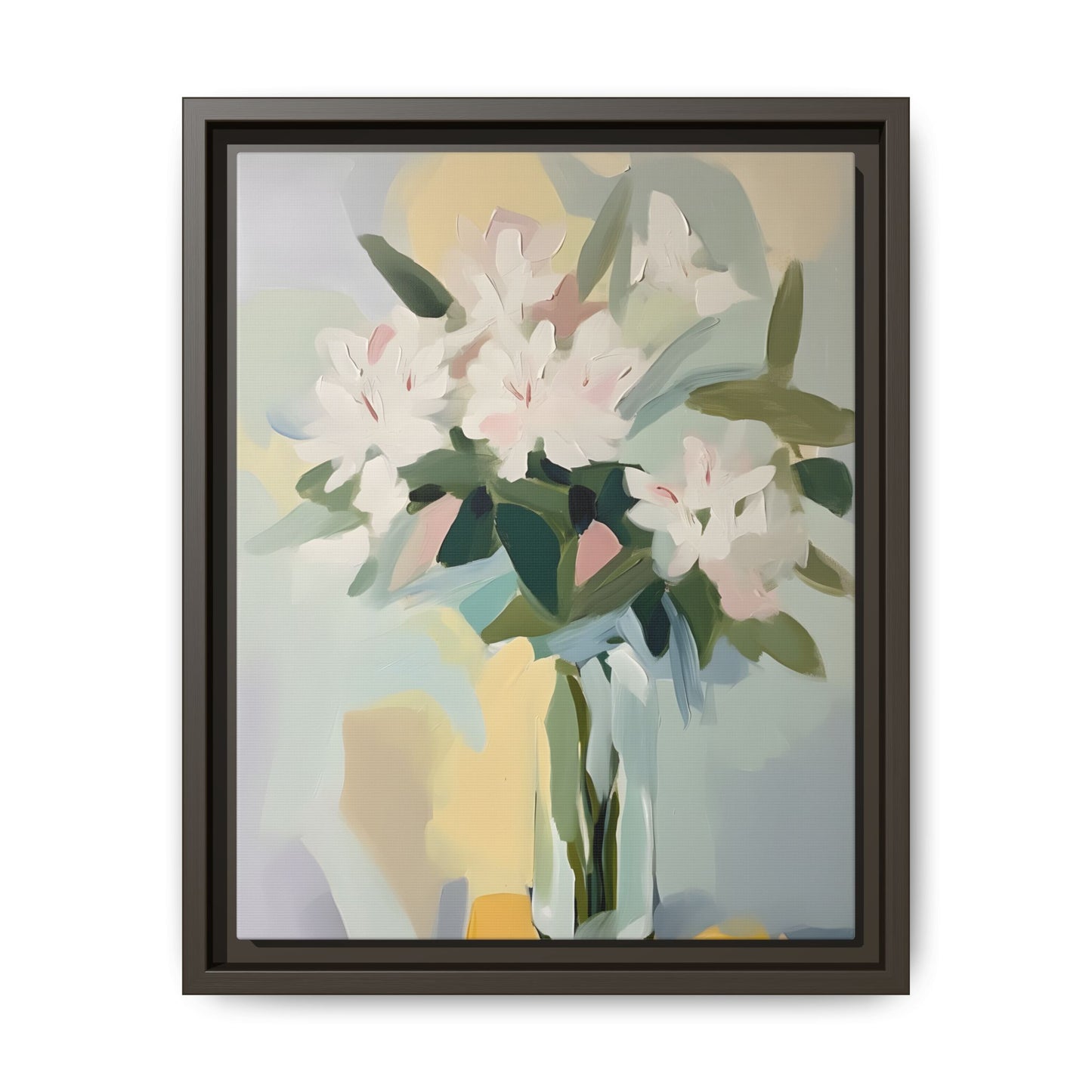 Soft Abstract Floral Wall Art – Framed Modern Canvas with White Flowers in Green Vase in pastel hues for elegant decor.