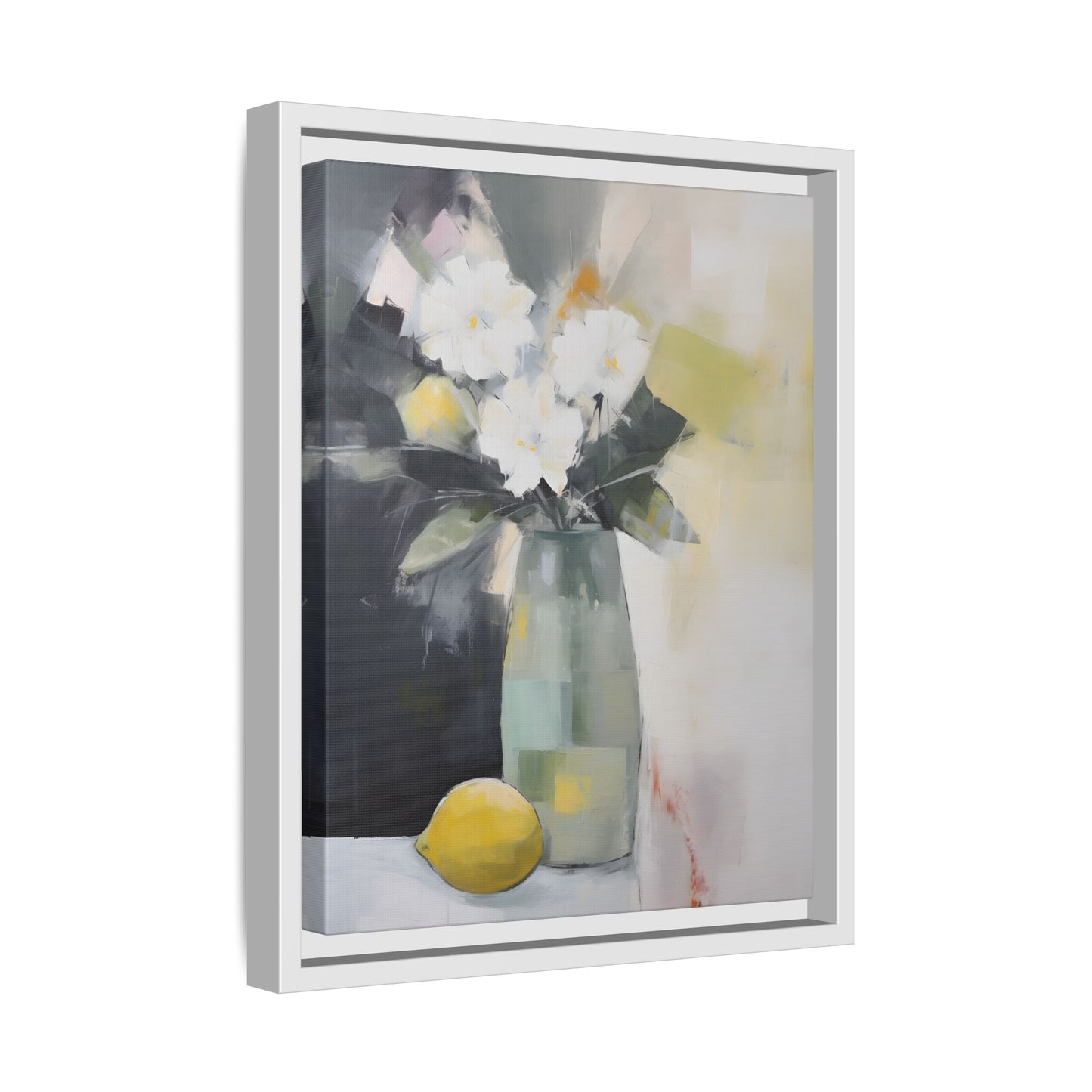 Modern Floral Still Life Wall Art – Framed Canvas with White Flowers and Lemon in Soft Green Vase