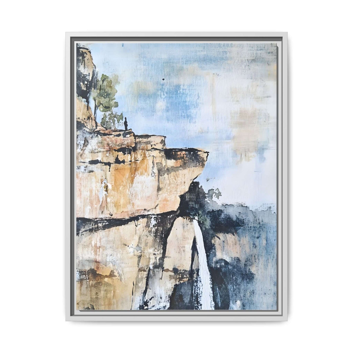 Impressionistic scenic landscape waterfall framed canvas wall art, beautifully capturing nature's serenity for home decor.
