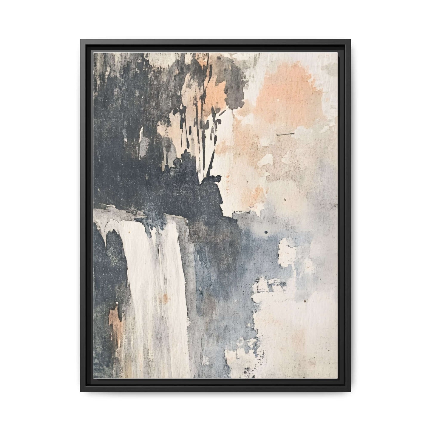 Framed abstract waterfall art print on matte canvas, home decor in vertical orientation.