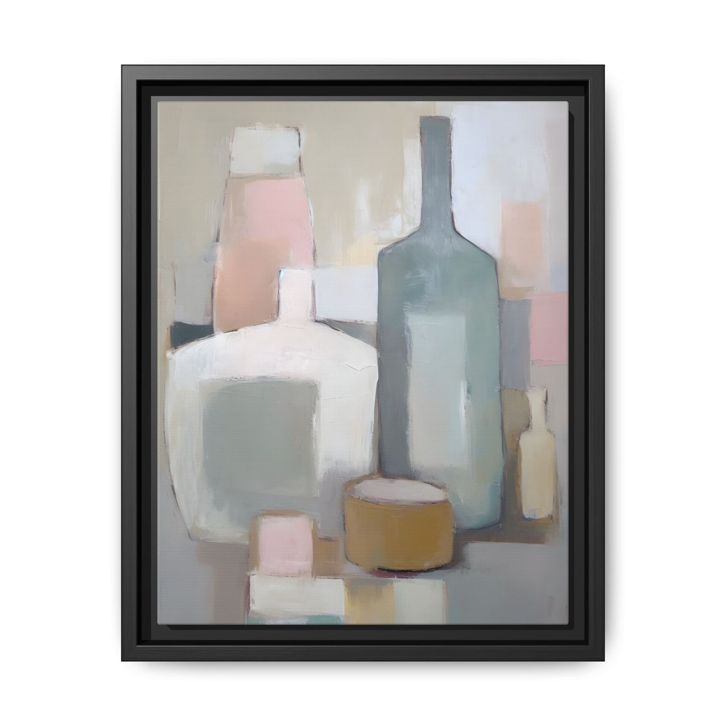 Modern Abstract Bottle Still Life Wall Art – Framed Canvas in Soft Pink, Blue, and Beige with minimalist design.