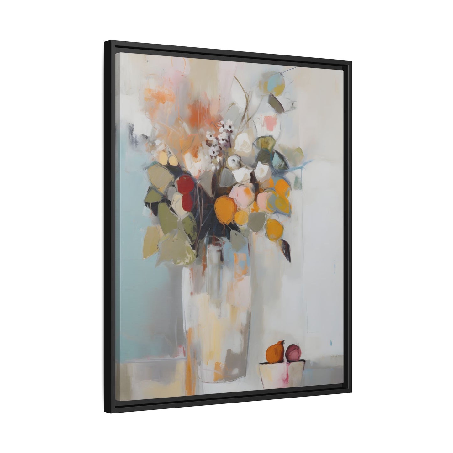 Colorful Floral Still Life Wall Art – Framed Abstract Canvas with Bright Blooms and Fruit Bowl for home decor.