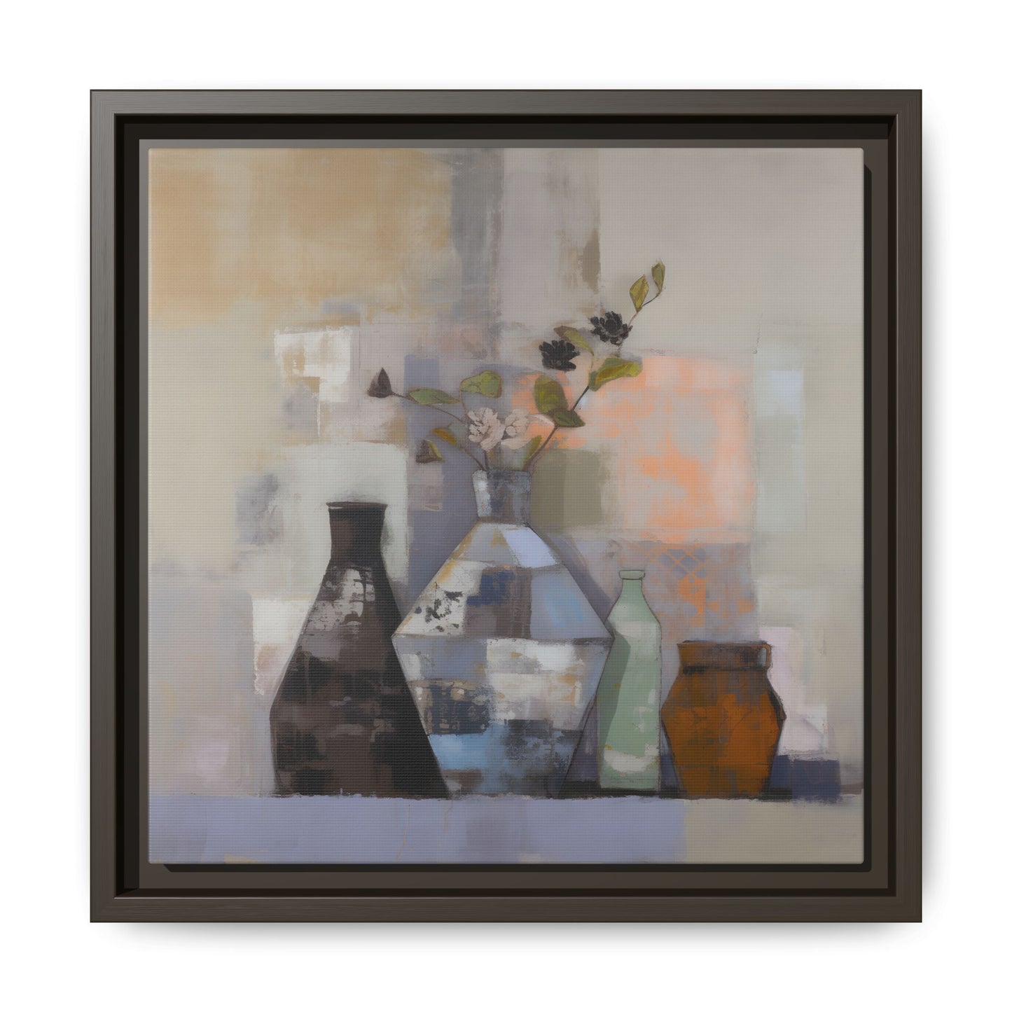 Earthy Bottle Still Life Wall Art – Framed Abstract Canvas with Geometric Vases in Neutral Tones featuring brown and terracotta.