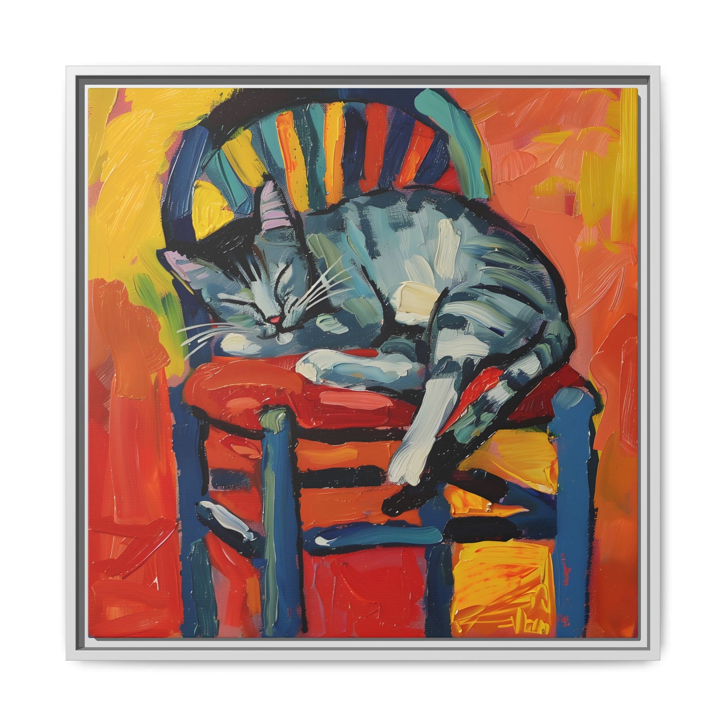 Colorful Cat Art Print - Framed Matte Canvas