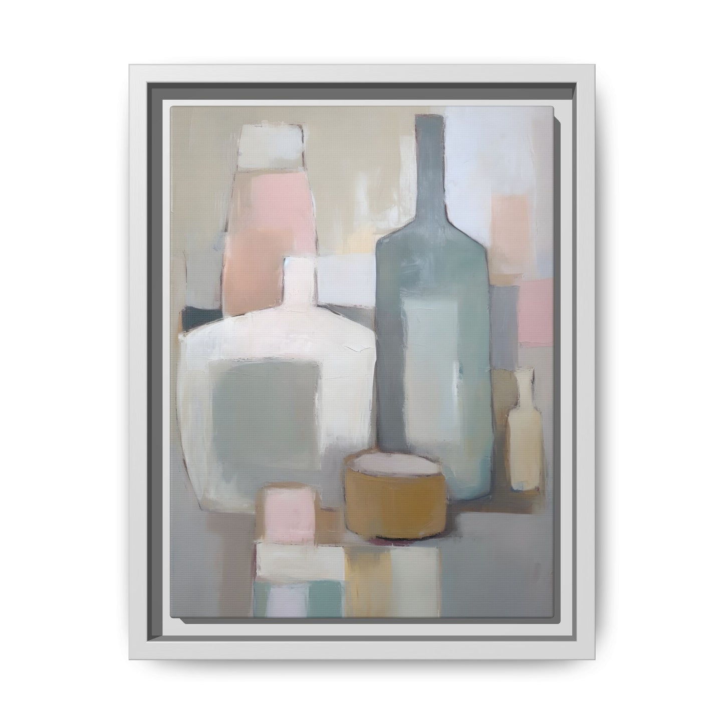 Modern Abstract Bottle Still Life Wall Art – Framed Canvas in Soft Pink, Blue, and Beige depicting serene bottle composition