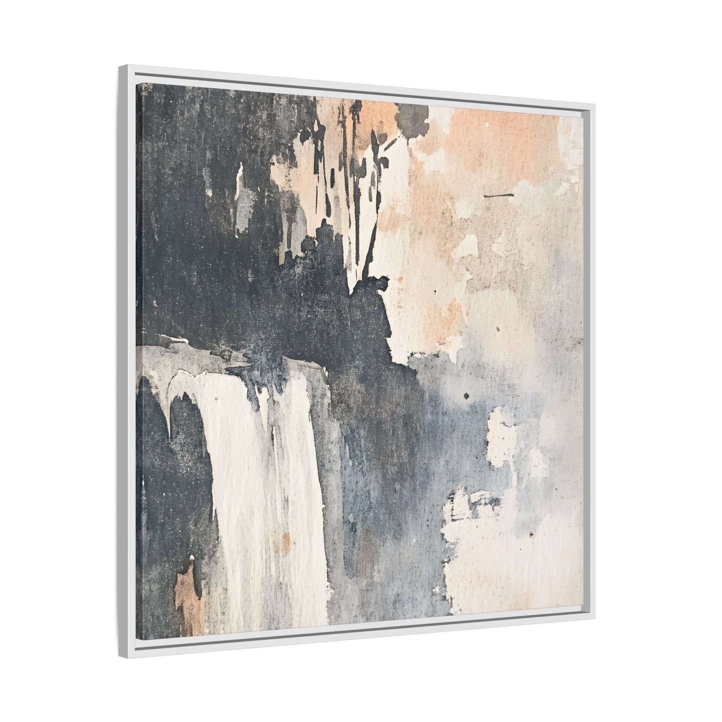 Framed abstract watercolor waterfall art print on matte canvas, suitable for home decor, shown in square format with muted tones.