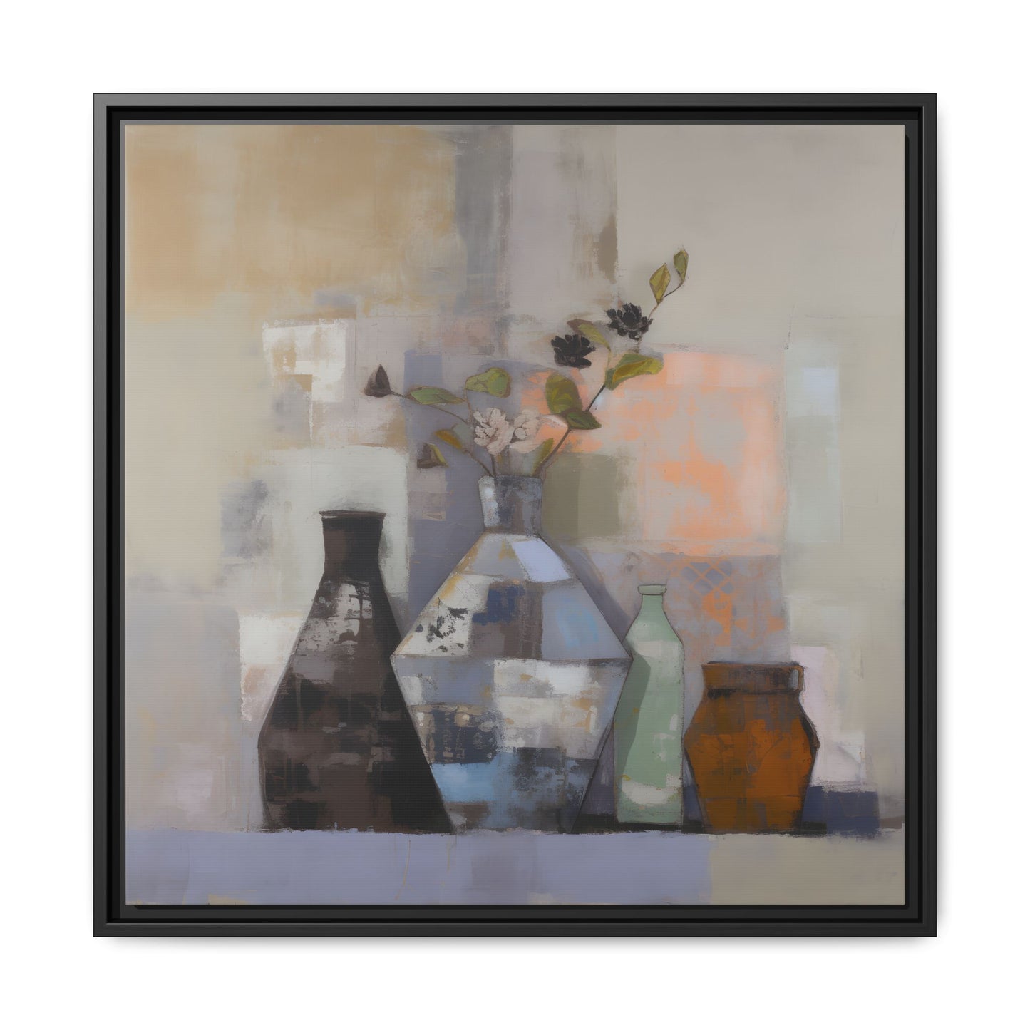 Earthy Bottle Still Life Wall Art – Framed Abstract Canvas with Geometric Vases in Neutral Tones for modern decor