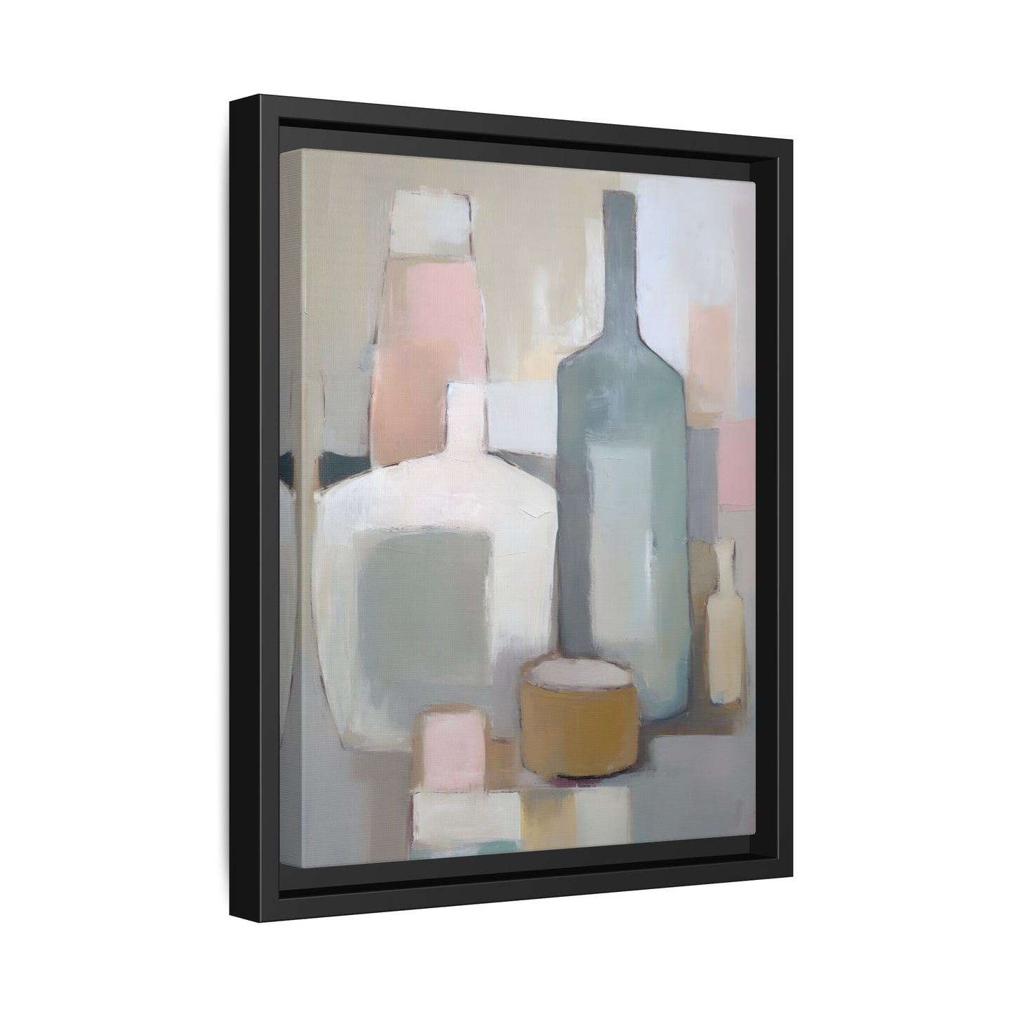 Modern Abstract Bottle Still Life Wall Art – Framed Canvas in Soft Pink, Blue, and Beige with minimalist serene design.