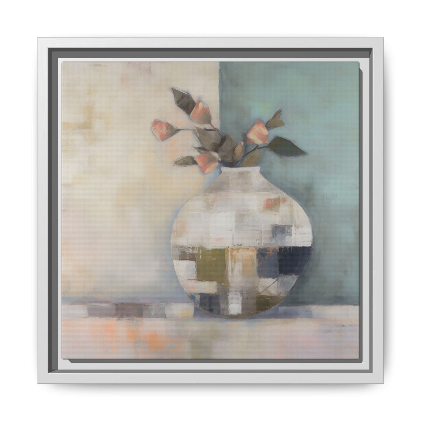 Geometric Floral Still Life Wall Art – Framed Abstract Canvas with Vase and Blush Pink Buds