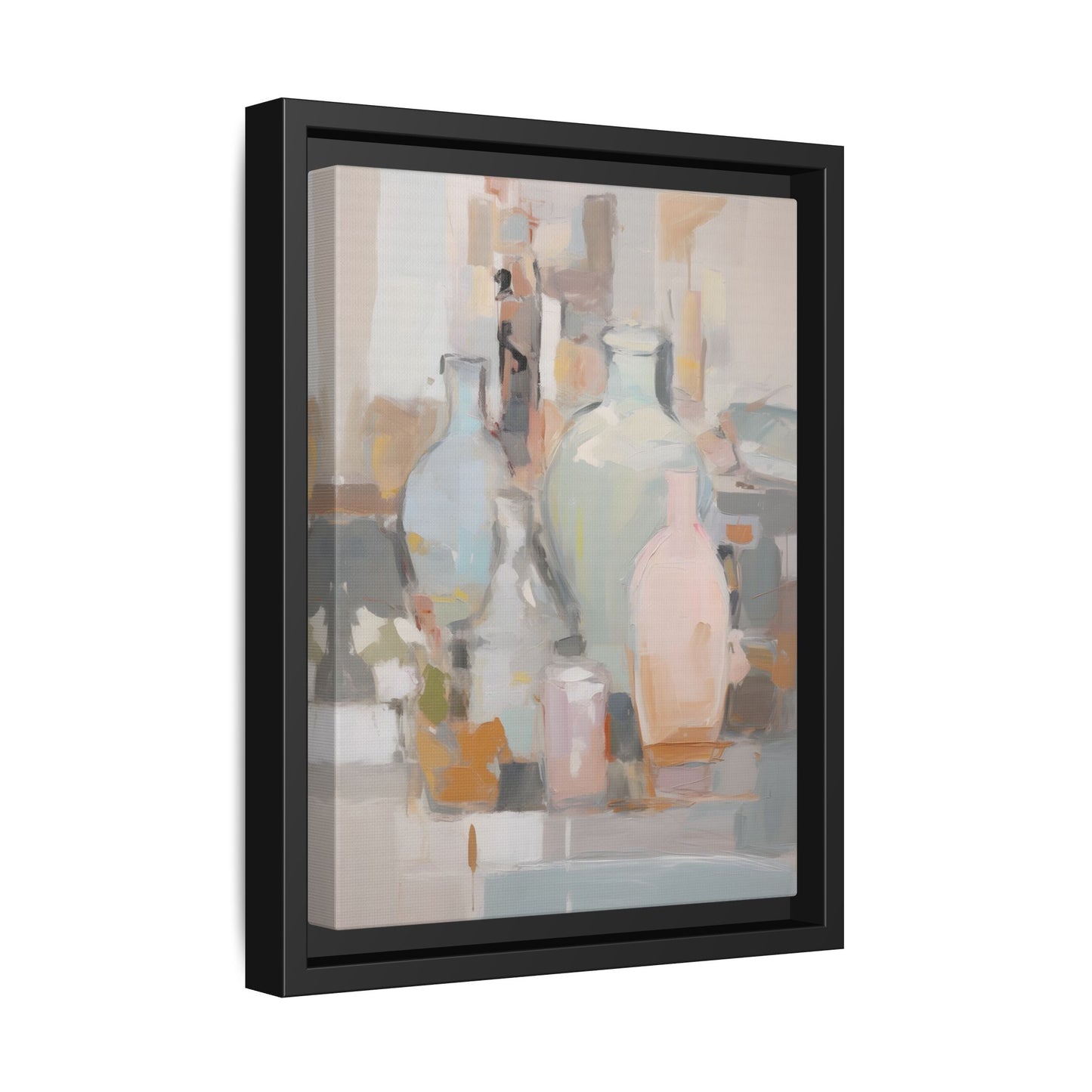 Modern Abstract Still Life Wall Art – Colorful Framed Canvas with Blue, Pink & Terracotta Bottles in black frame