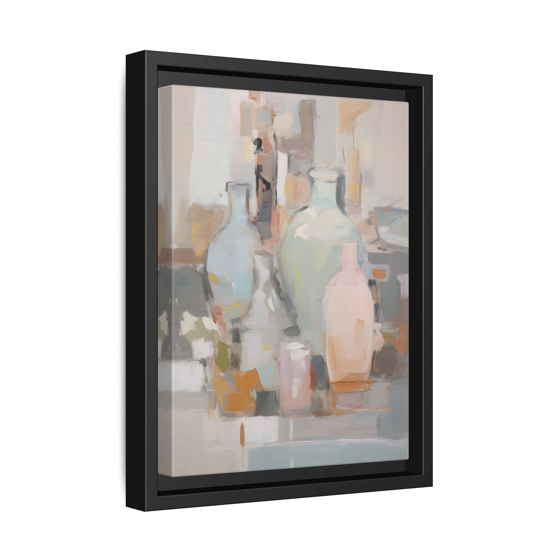 Modern Abstract Still Life Wall Art – Colorful Framed Canvas with Blue, Pink & Terracotta Bottles in black frame