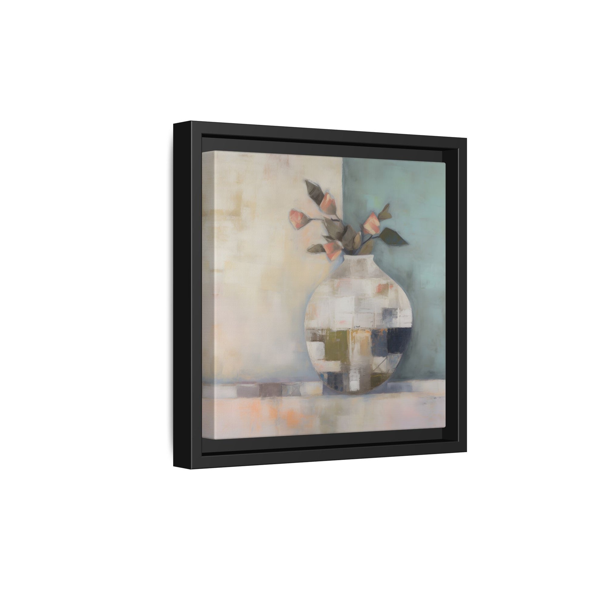 Geometric Floral Still Life Wall Art – Framed Abstract Canvas with Vase and Blush Pink Buds in soft aqua and coral colors.
