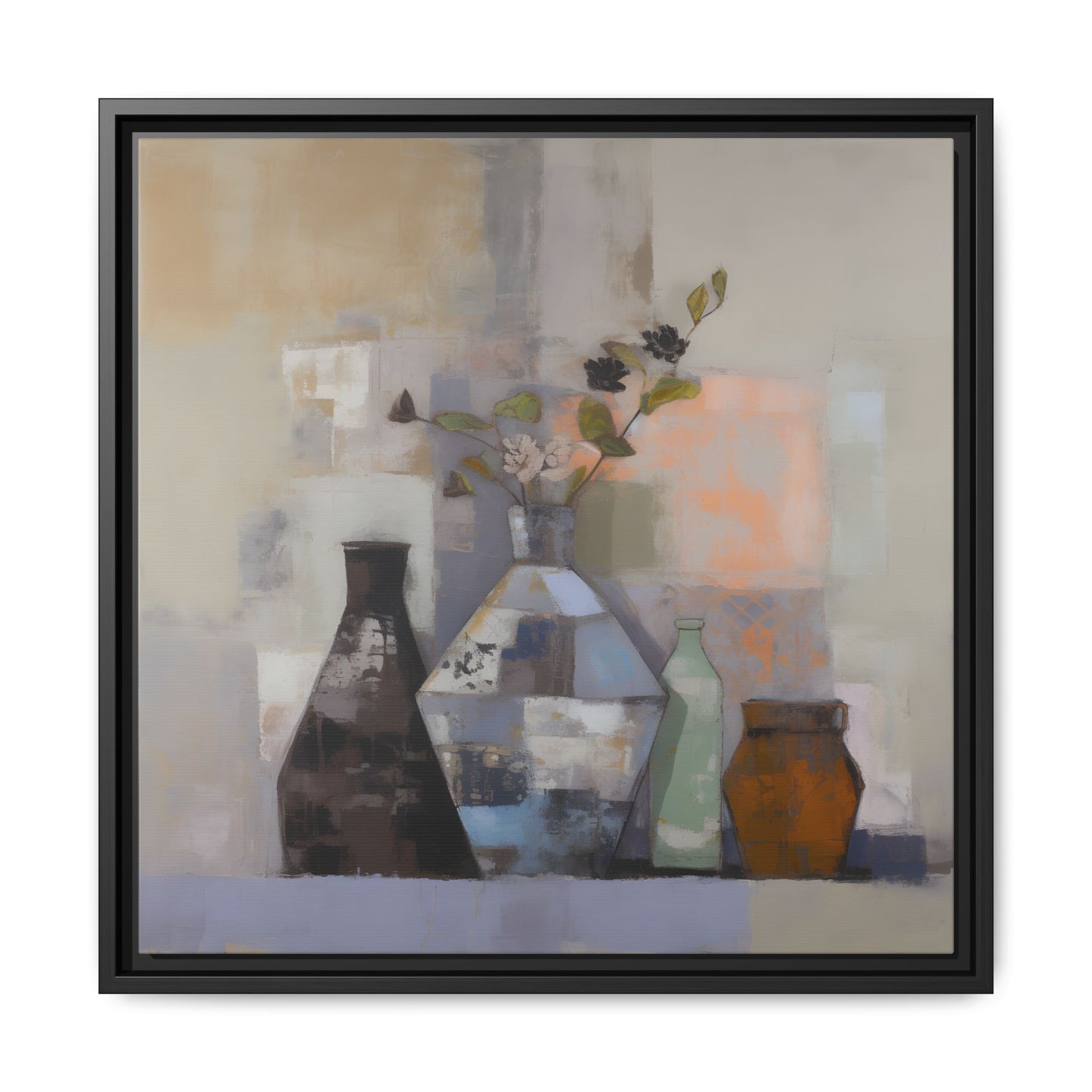 Earthy Bottle Still Life Wall Art – Framed Abstract Canvas with Geometric Vases in Neutral Tones, featuring earthy colors and minimalist design.