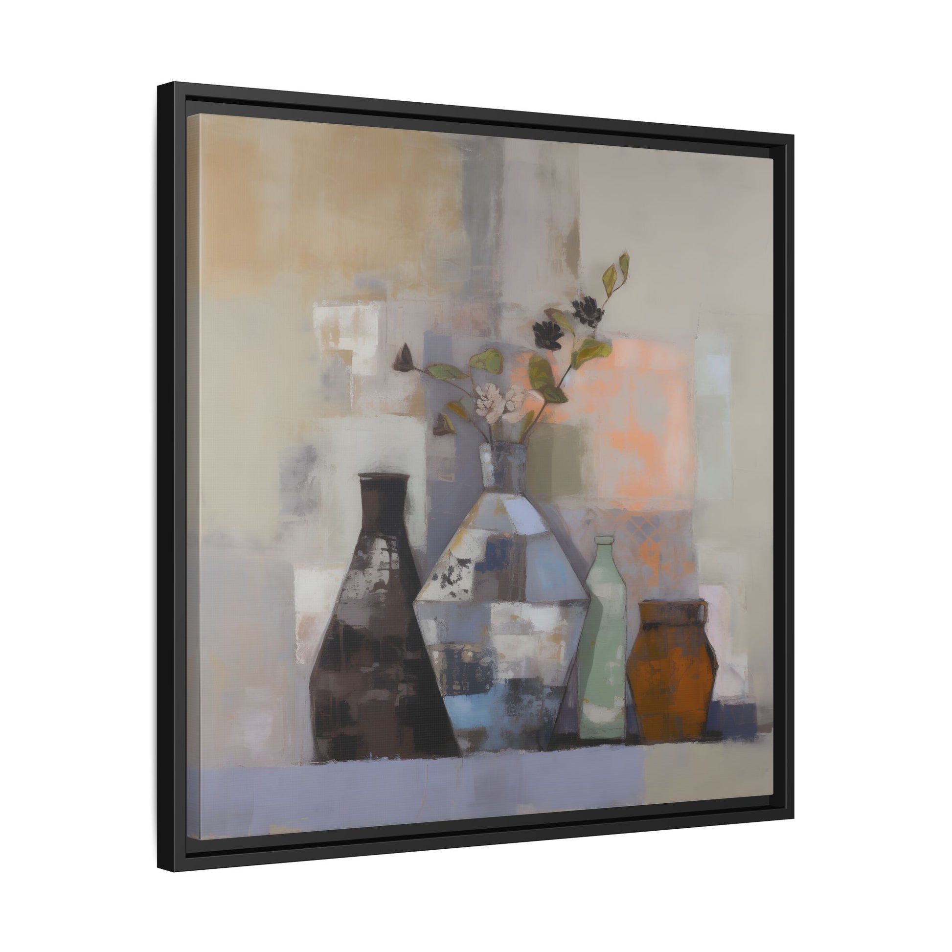 Earthy Bottle Still Life Wall Art – Framed Abstract Canvas with Geometric Vases in Neutral Tones with brown and terracotta shades