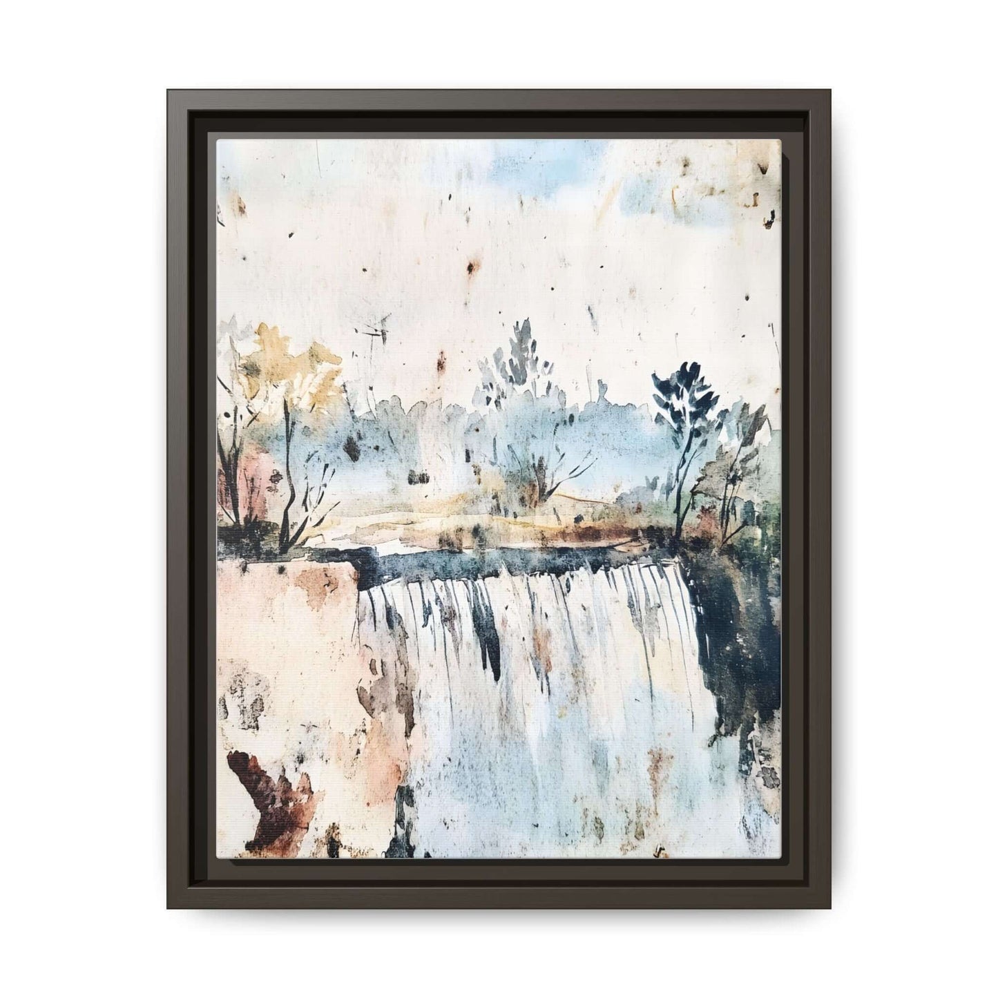 Framed watercolor wall art depicting a serene landscape with trees and a waterfall, ideal for home decor.