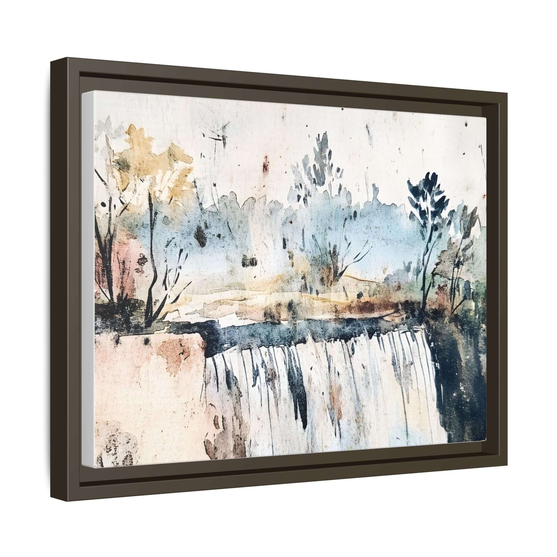 Framed watercolor wall art depicting a serene landscape with trees and waterfall, perfect for decorating any space.