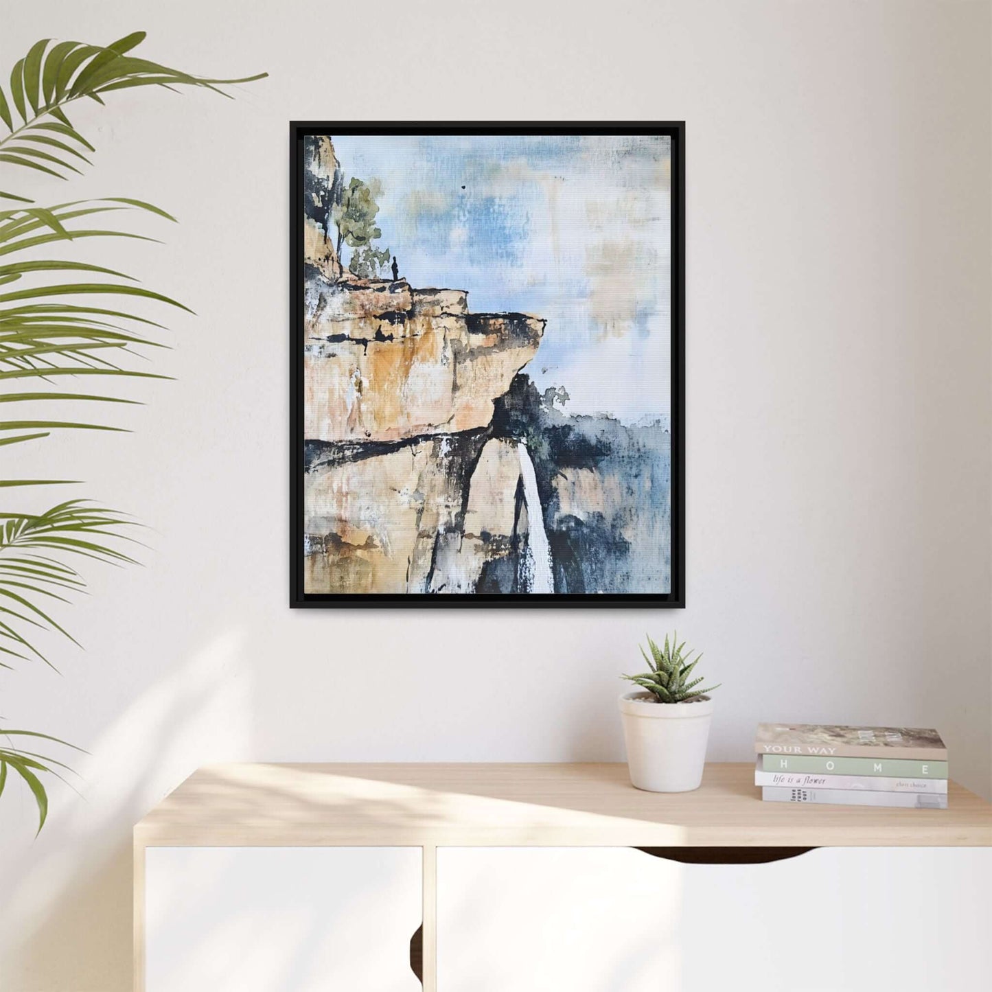 Framed impressionistic landscape waterfall canvas wall art, depicting serene scenery ideal for a living room or bedroom decor.