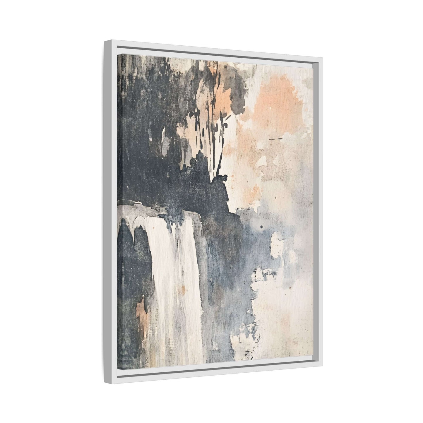 Framed waterfall art print on matte canvas, featuring abstract nature scene in soft tones, ideal for home decor wall art.