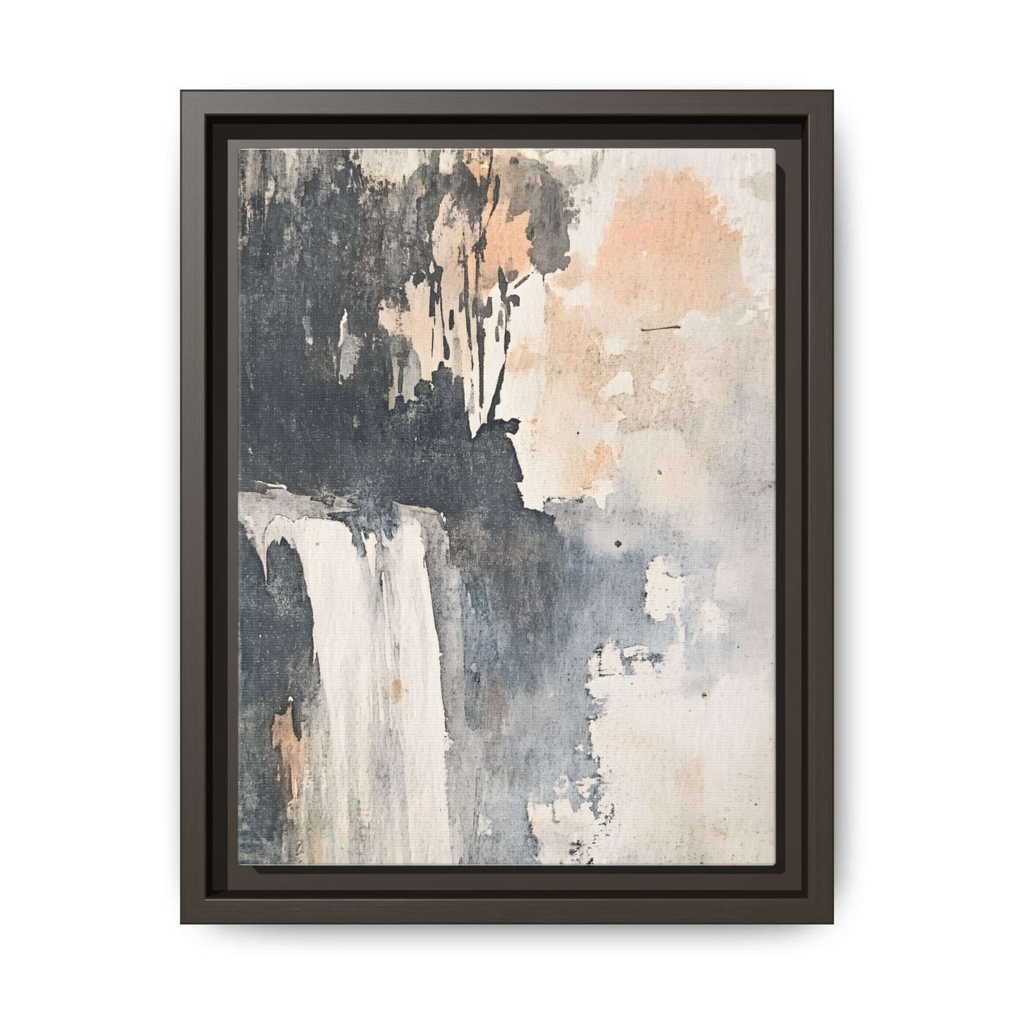 Framed waterfall art print in soft matte tones, vertical canvas home decor for artistic interior design, serene landscape illustration.