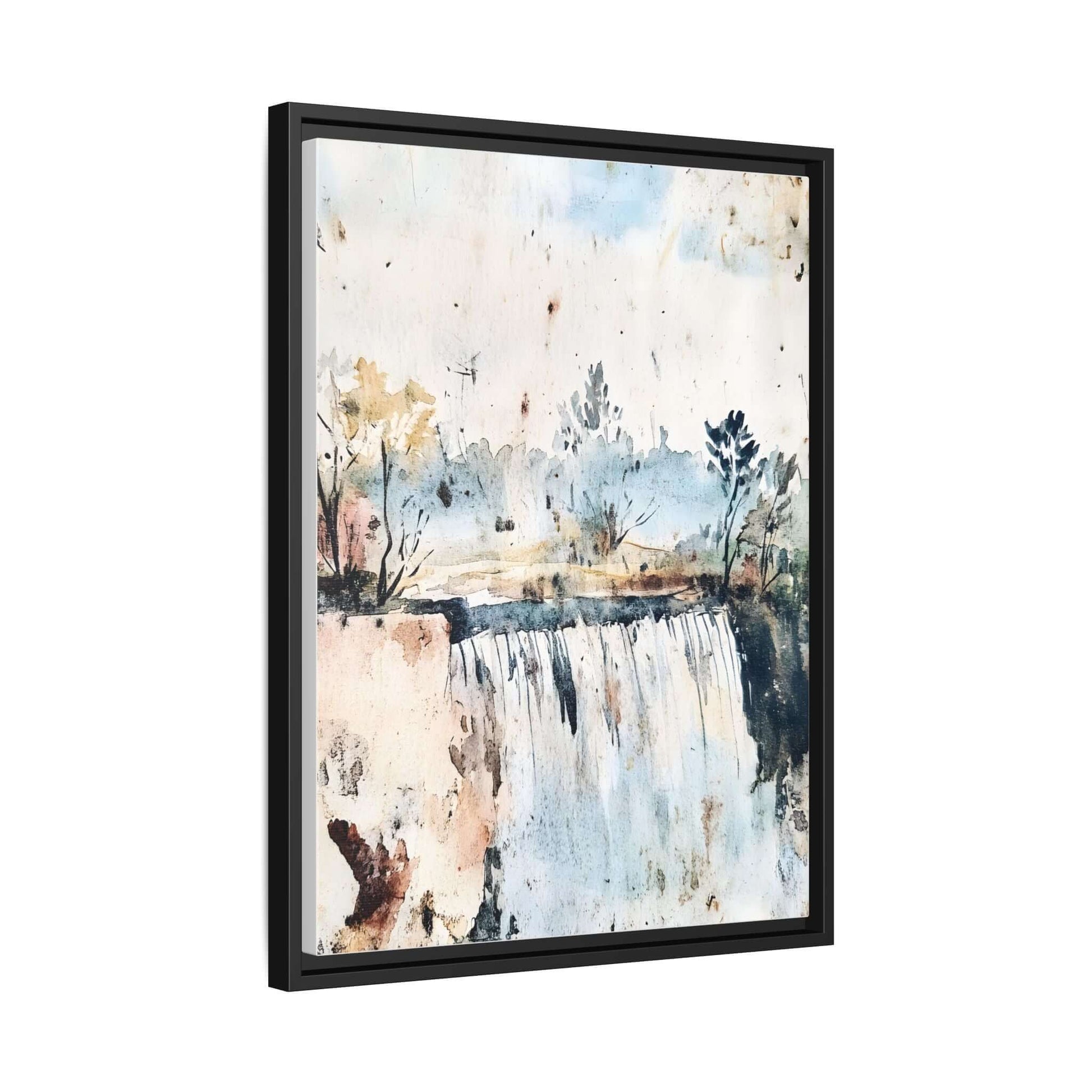Framed watercolor wall art depicting a serene landscape with trees and a waterfall, available in various sizes for home decor.