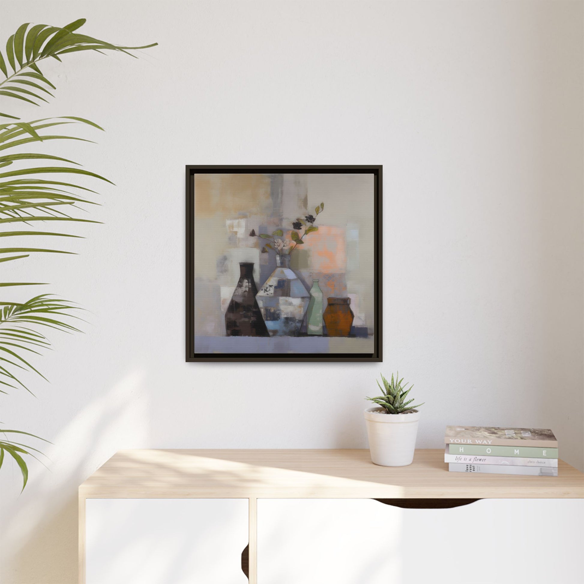 Earthy Bottle Still Life Wall Art – Framed Abstract Canvas with Geometric Vases in Neutral Tones hanging on a white wall