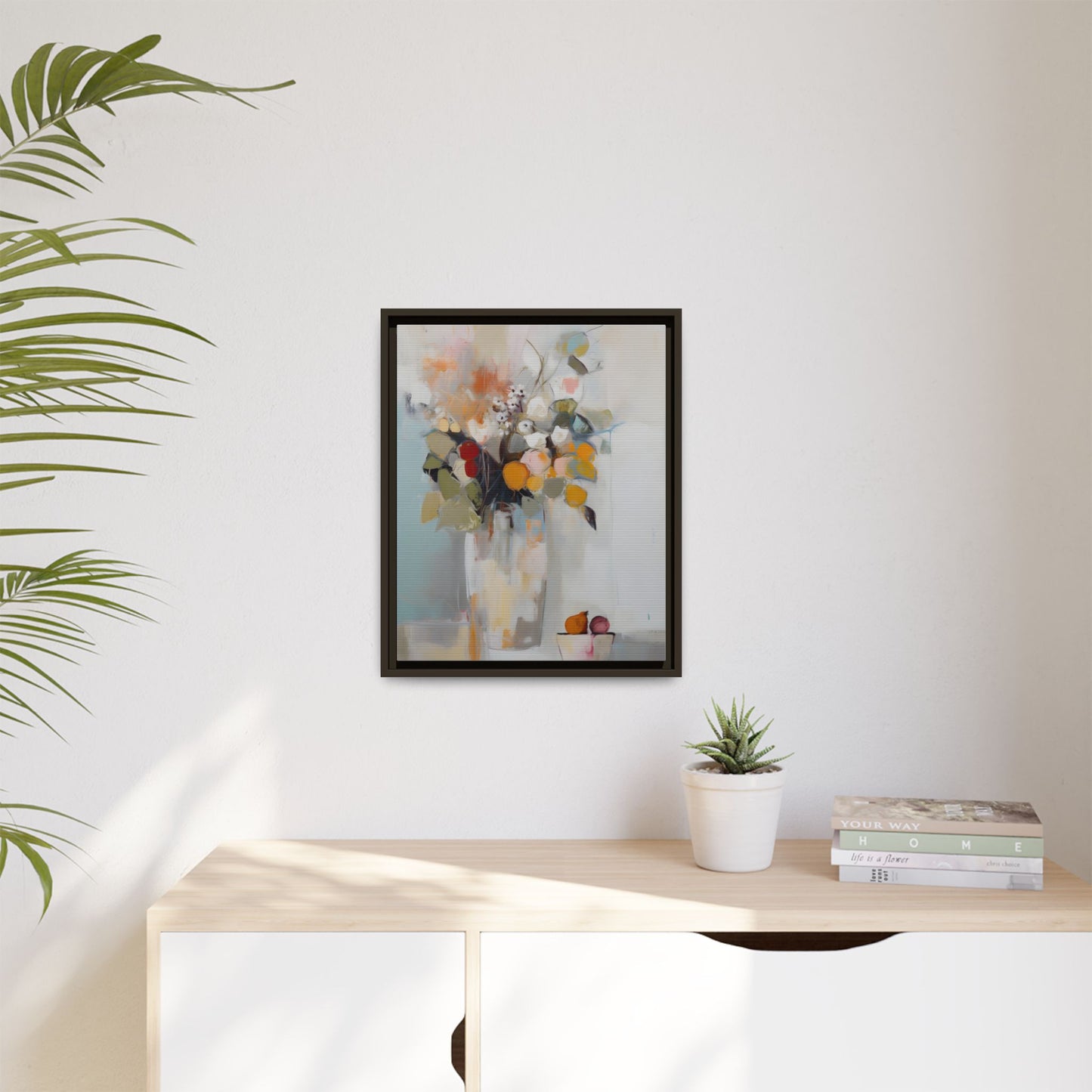 Colorful Floral Still Life Wall Art – Framed Abstract Canvas with Bright Blooms and Fruit Bowl on display in modern room.