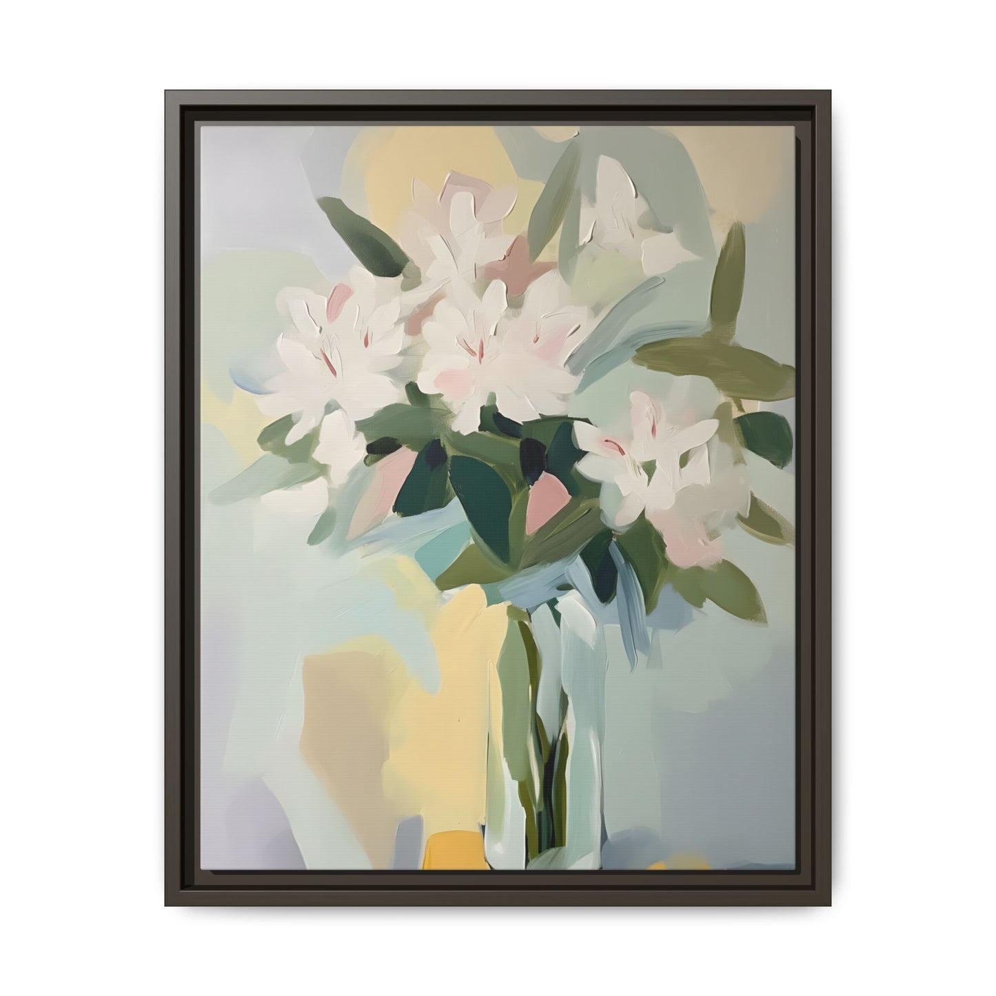 Soft Abstract Floral Wall Art – Framed Modern Canvas with White Flowers in Green Vase, ideal for modern and transitional spaces
