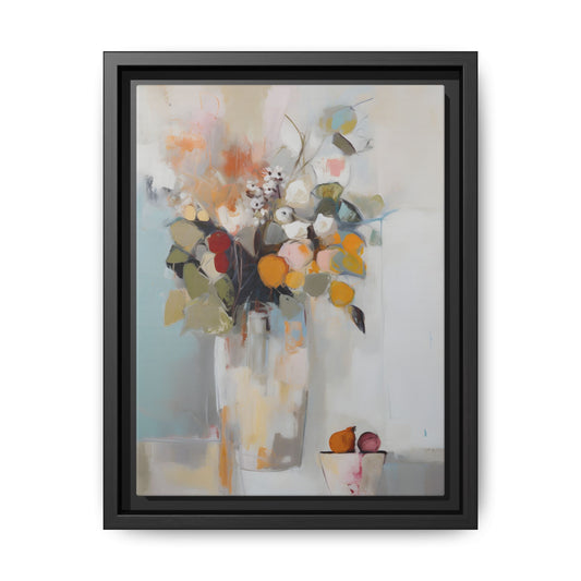 Colorful Floral Still Life Wall Art – Framed Abstract Canvas with Bright Blooms and Fruit Bowl in a black frame.
