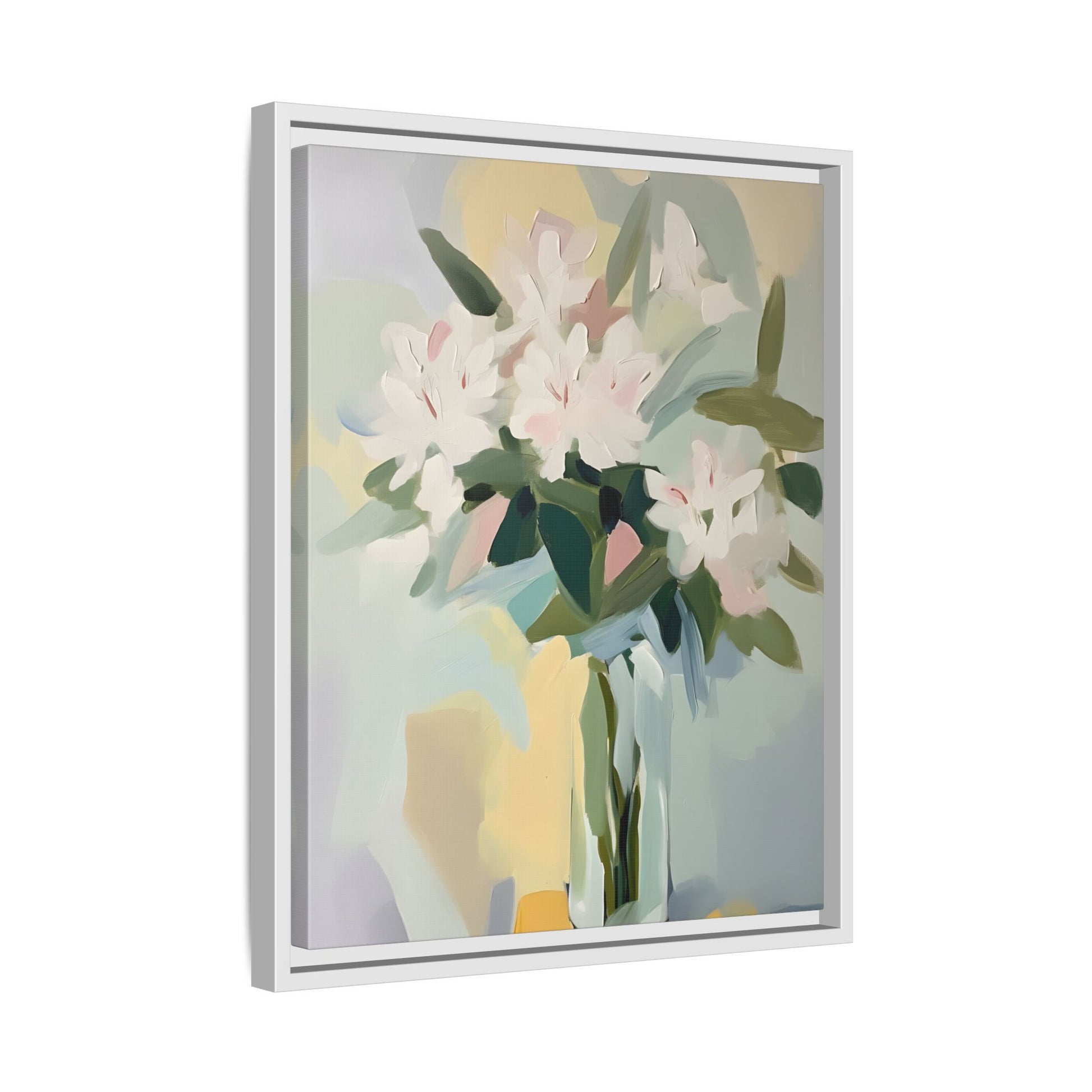 Soft Abstract Floral Wall Art – Framed Modern Canvas with White Flowers in Green Vase, featuring pastel hues, perfect for tranquil spaces.