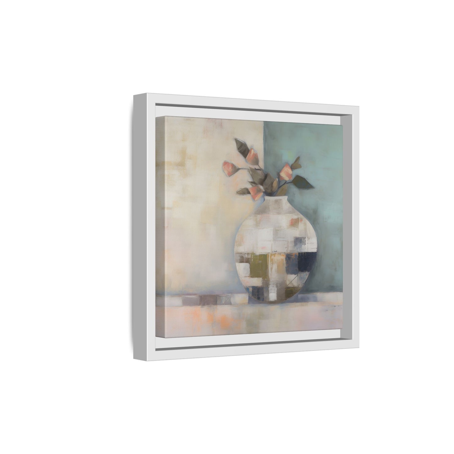 Geometric Floral Still Life Wall Art – Framed Abstract Canvas with Vase and Blush Pink Buds featuring patchwork textures and rosebuds.