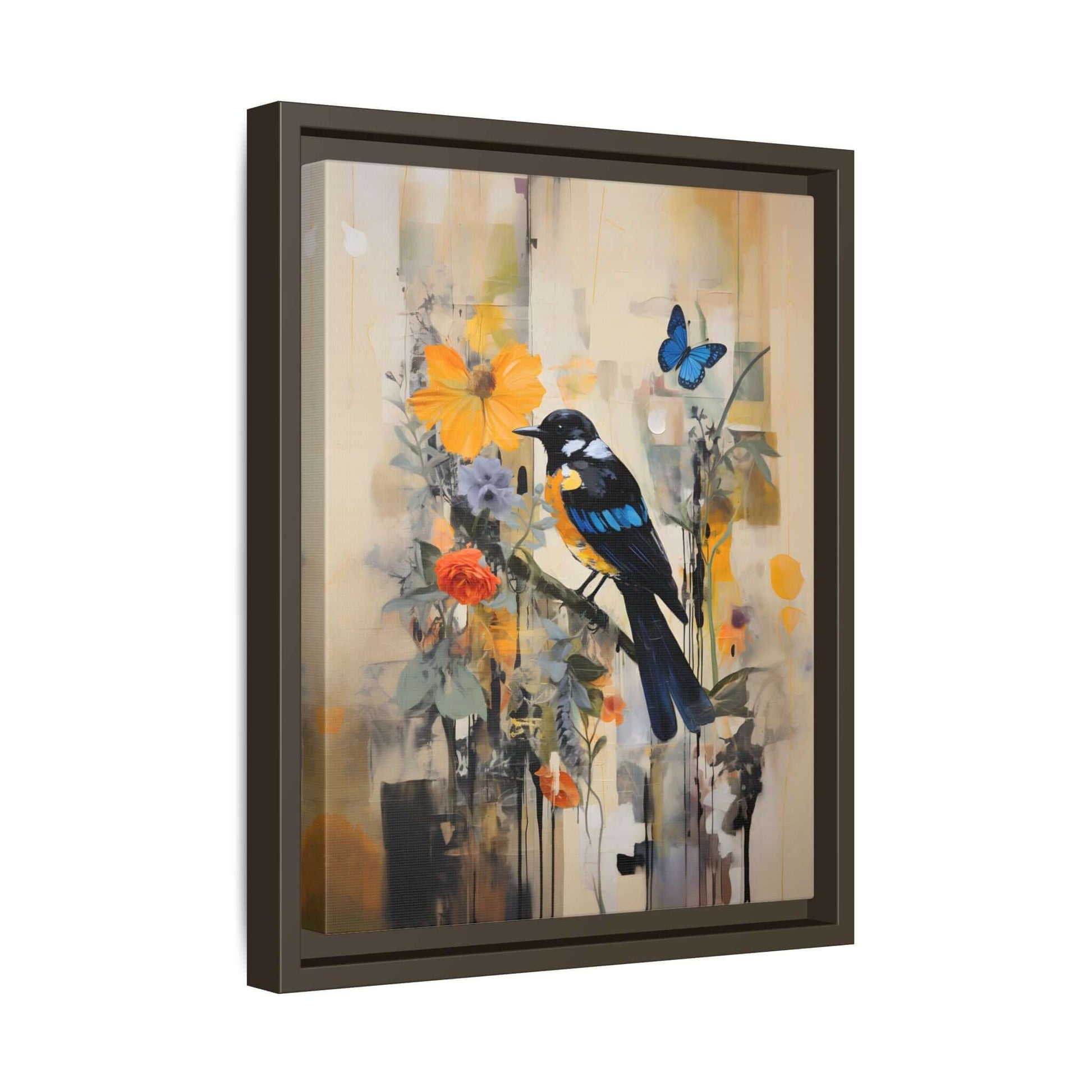 Framed colorful bird and butterfly canvas art, vertical vibrant home decor, 8x10 to 24x32 inches, edition showcasing nature's beauty.