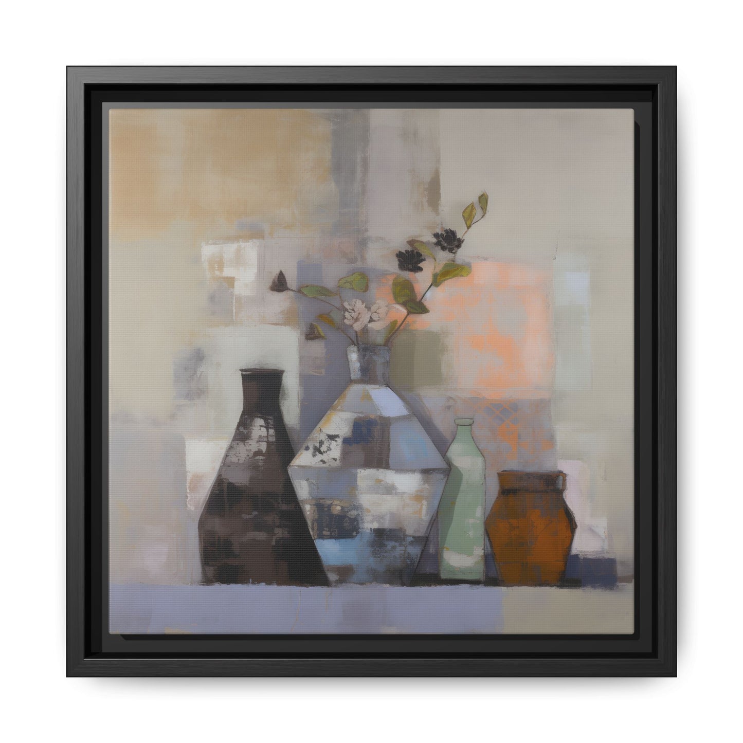 Earthy Bottle Still Life Wall Art – Framed Abstract Canvas with Geometric Vases in Neutral Tones featuring patchwork style.