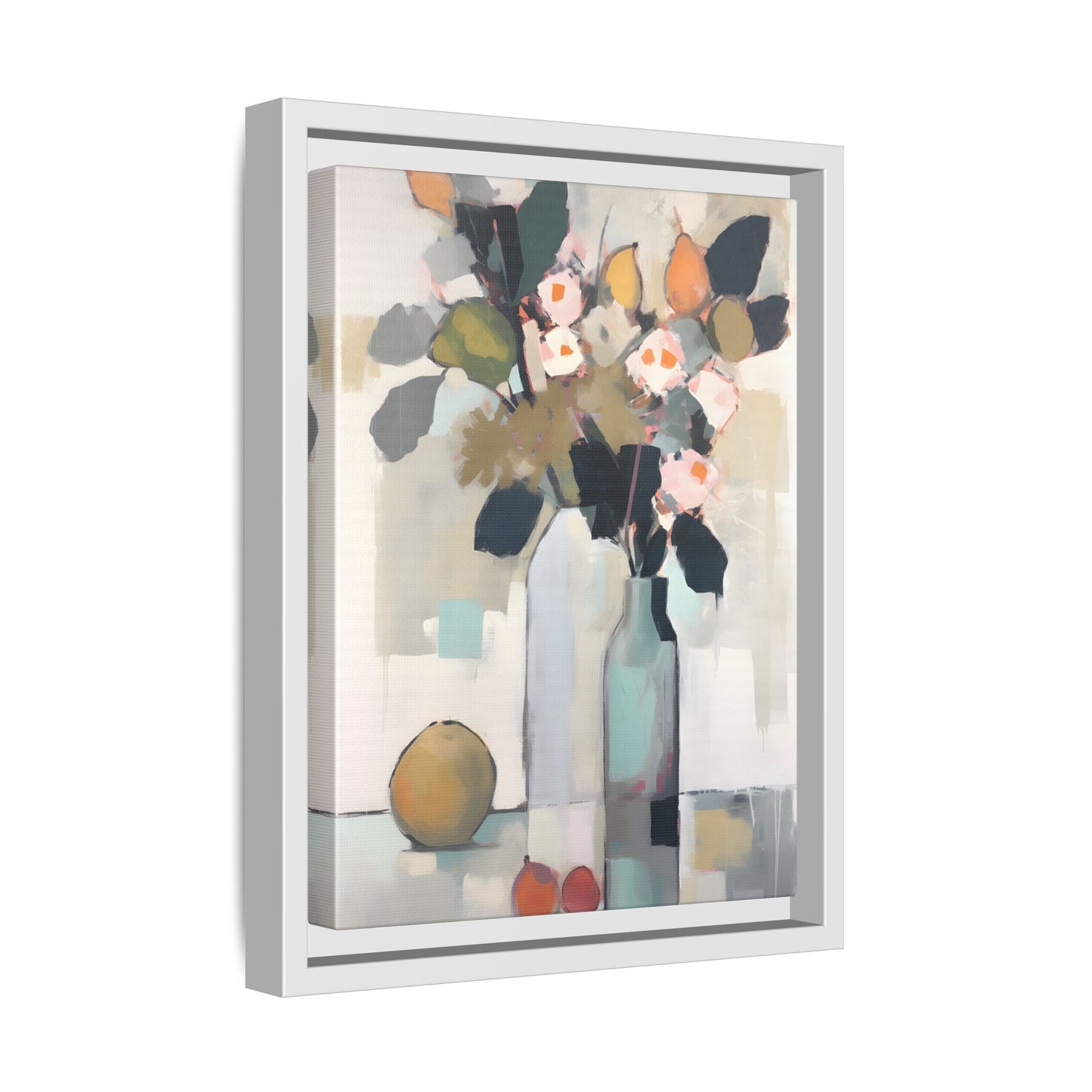 Modern Floral Still Life Wall Art – Framed Canvas with Bold Leaves and Citrus in Vase featuring abstract vases and bright colors.