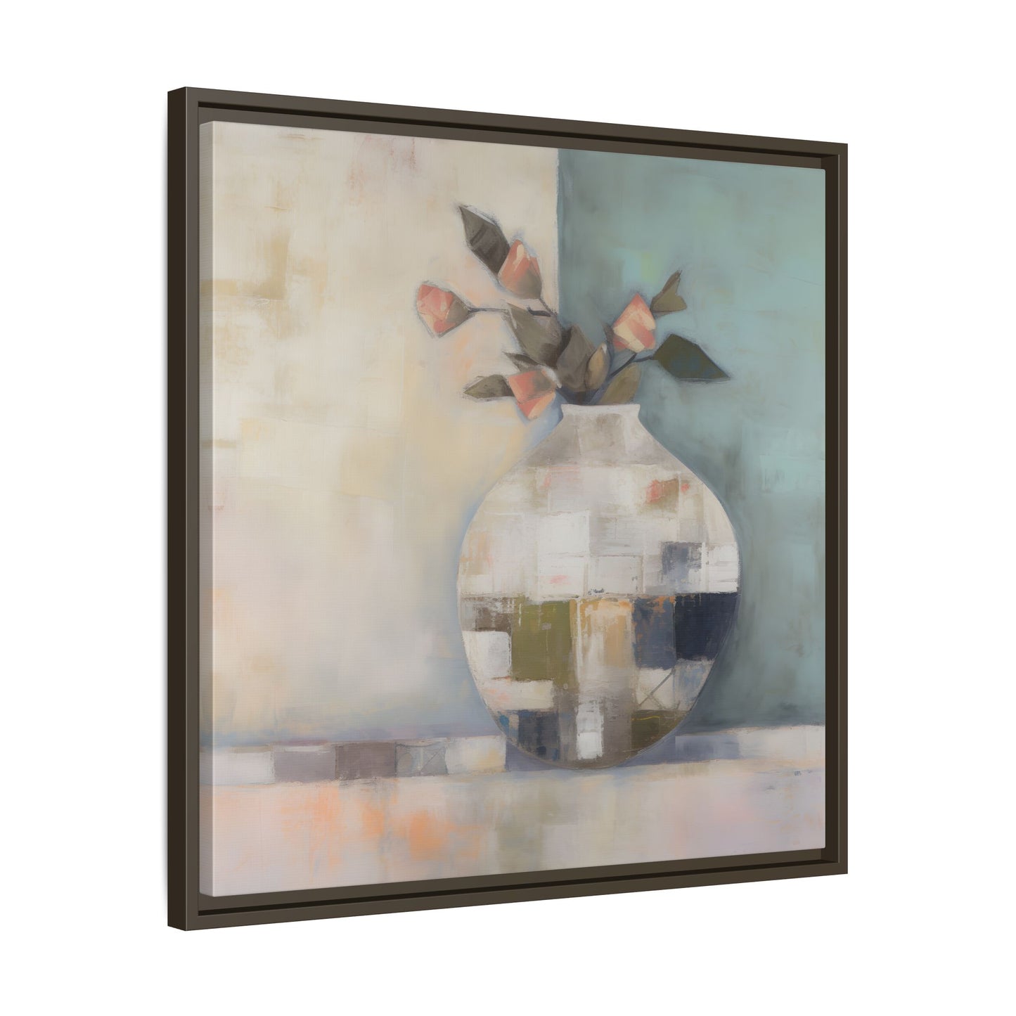 Geometric Floral Still Life Wall Art – Framed Abstract Canvas with Vase and Blush Pink Buds; features a geometric vase with textured patchwork