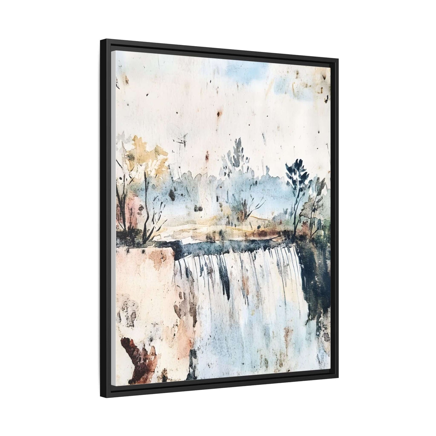 Framed watercolor wall art depicting a serene landscape with trees and a cascading waterfall for home decor.