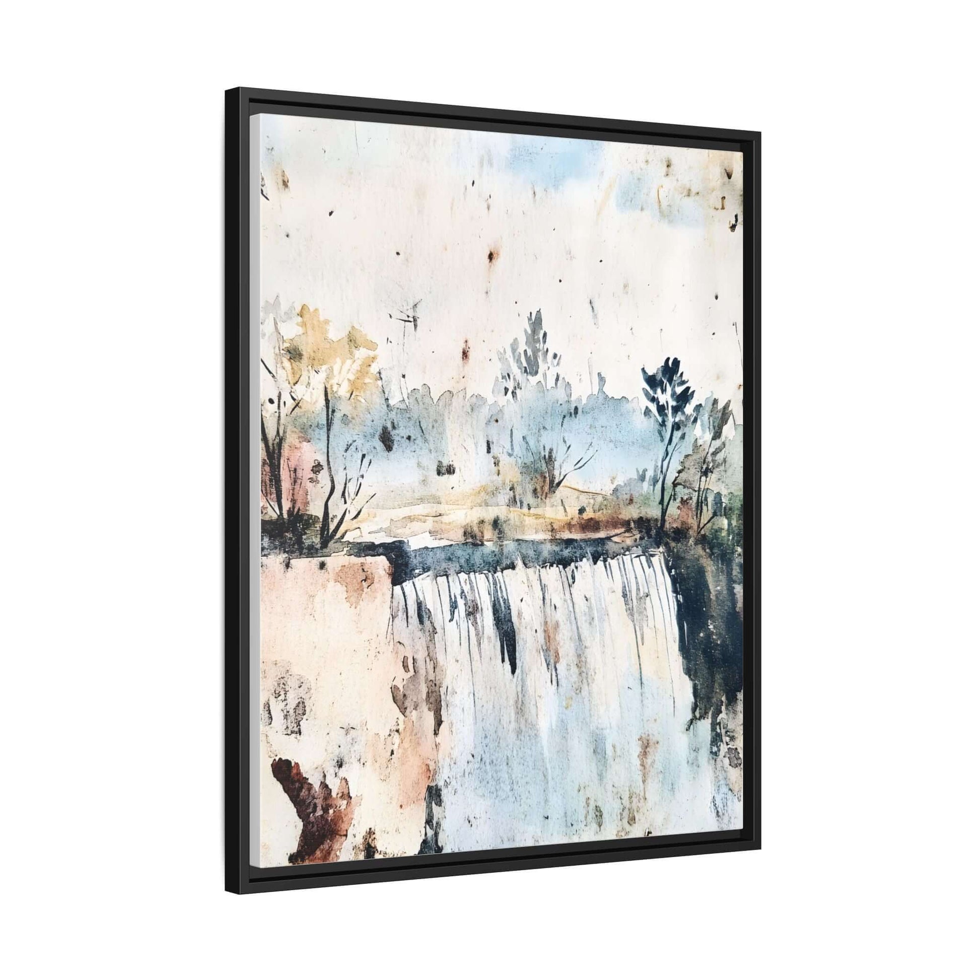 Framed watercolor wall art depicting a serene landscape with trees and a cascading waterfall for home decor.