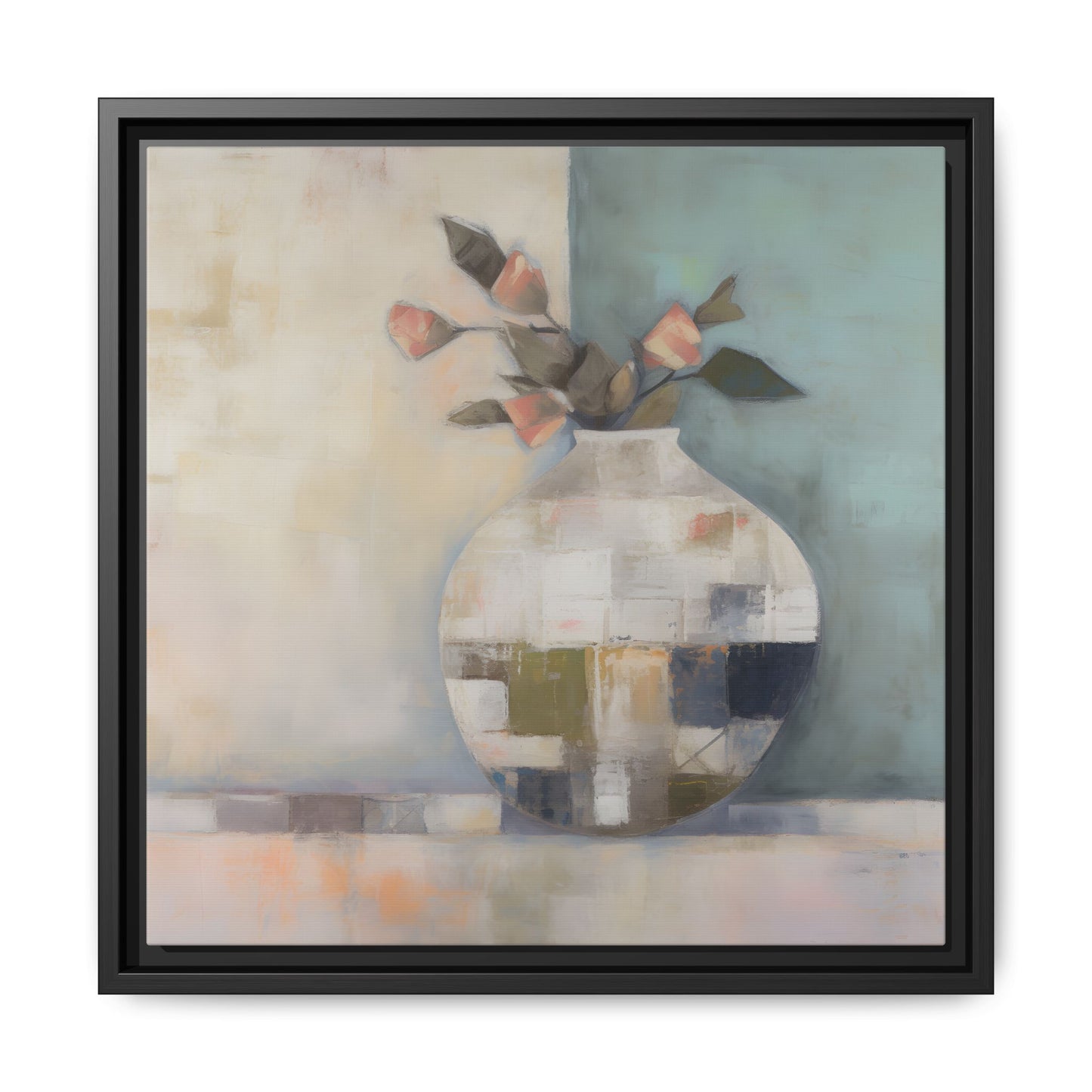 Geometric Floral Still Life Wall Art – Framed Abstract Canvas with Vase and Blush Pink Buds featuring aqua and ivory tones