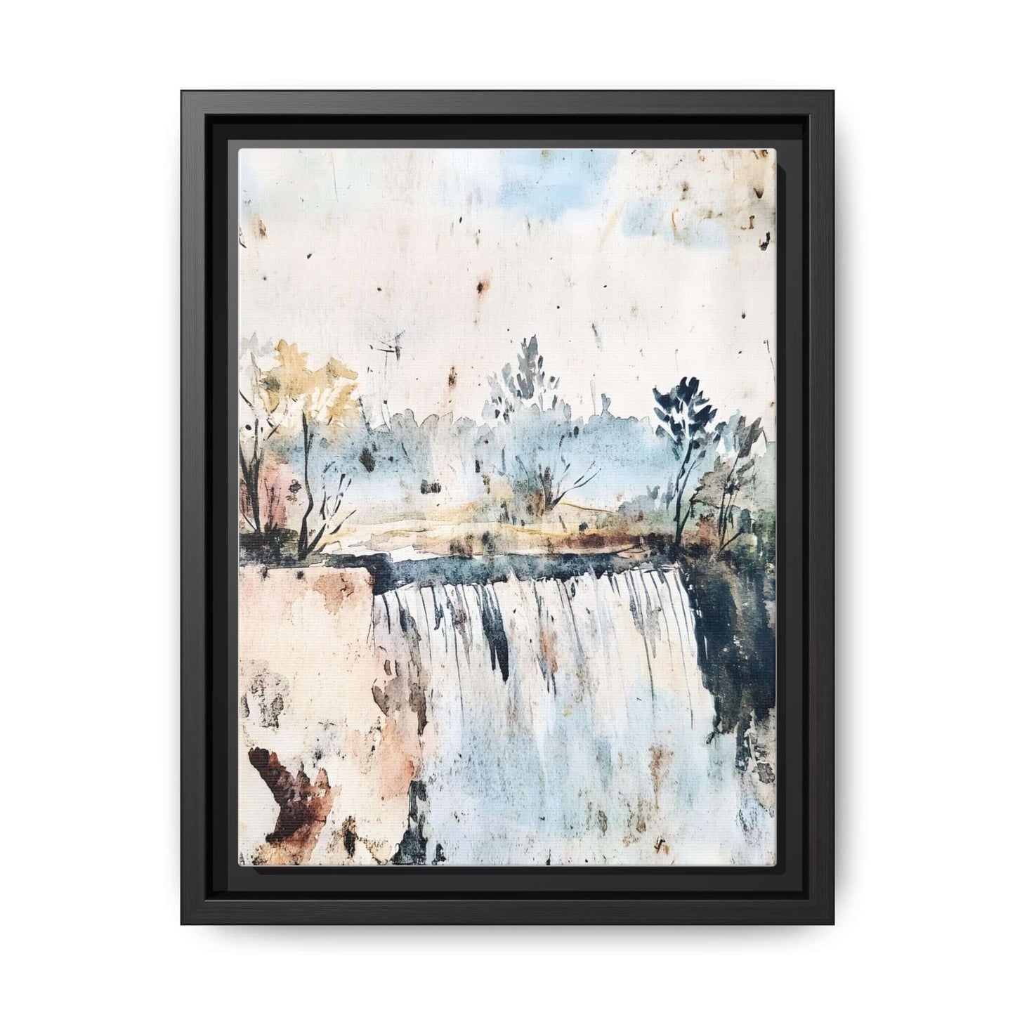 Framed watercolor wall art featuring a serene landscape with trees and a cascading waterfall; tranquil home decor.