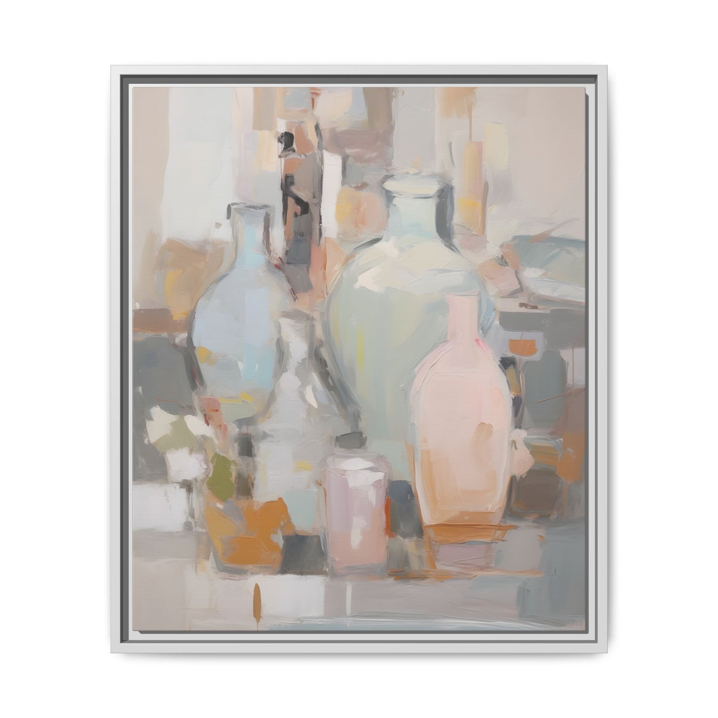 Modern Abstract Still Life Wall Art – Colorful Framed Canvas with Blue, Pink & Terracotta Bottles featuring expressive bottle composition