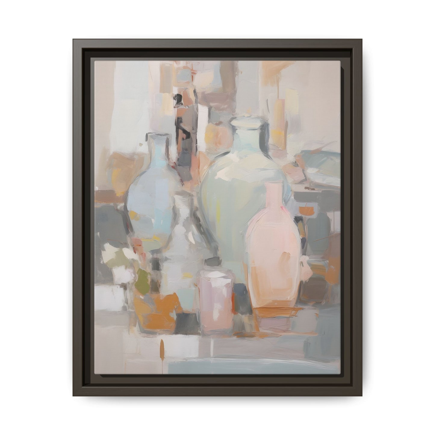 Modern Abstract Still Life Wall Art – Colorful Framed Canvas with Blue, Pink & Terracotta Bottles.