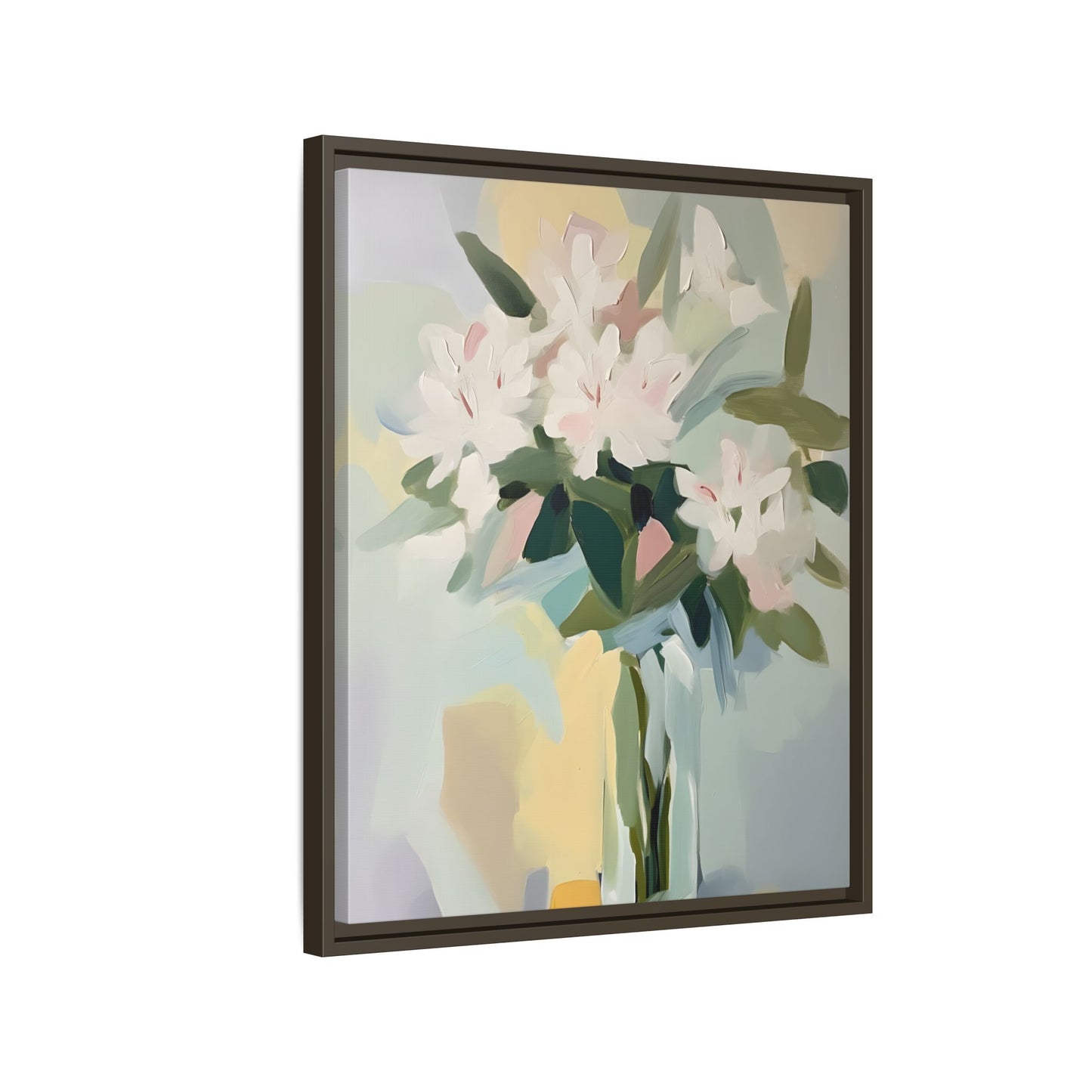 Soft Abstract Floral Wall Art – Framed Modern Canvas with White Flowers in Green Vase, gentle hues complement delicate blooms.
