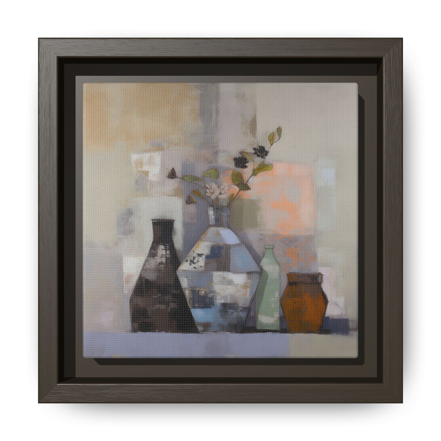 Earthy Bottle Still Life Wall Art – Framed Abstract Canvas with Geometric Vases in Neutral Tones, showcasing modern design.