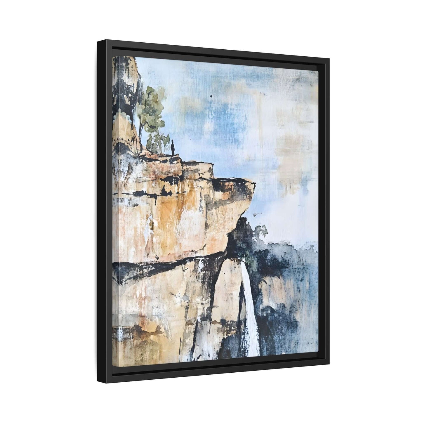 Impressionistic framed canvas wall art of a scenic landscape with a waterfall, adding serene elegance to any room.