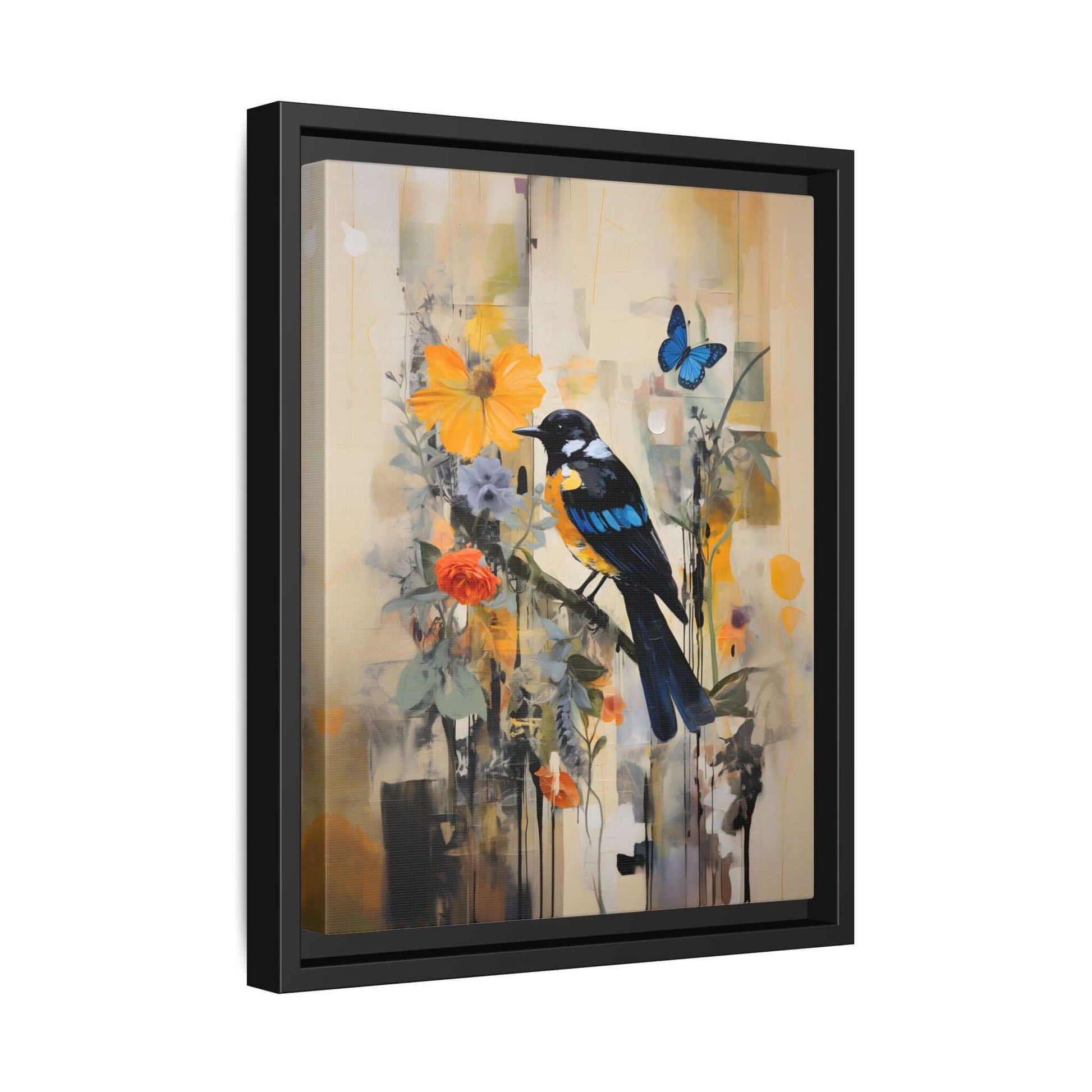 Framed colorful bird and butterfly canvas art, vibrant home decor, 16x20 inches, featuring floral elements and vivid colors.