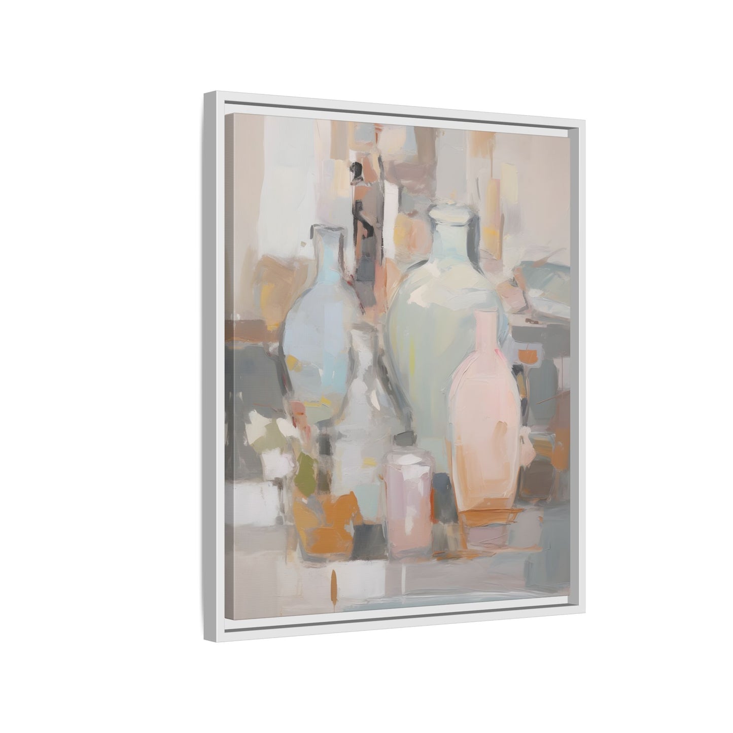 Modern Abstract Still Life Wall Art – Colorful Framed Canvas with Blue, Pink & Terracotta Bottles featuring vibrant composition