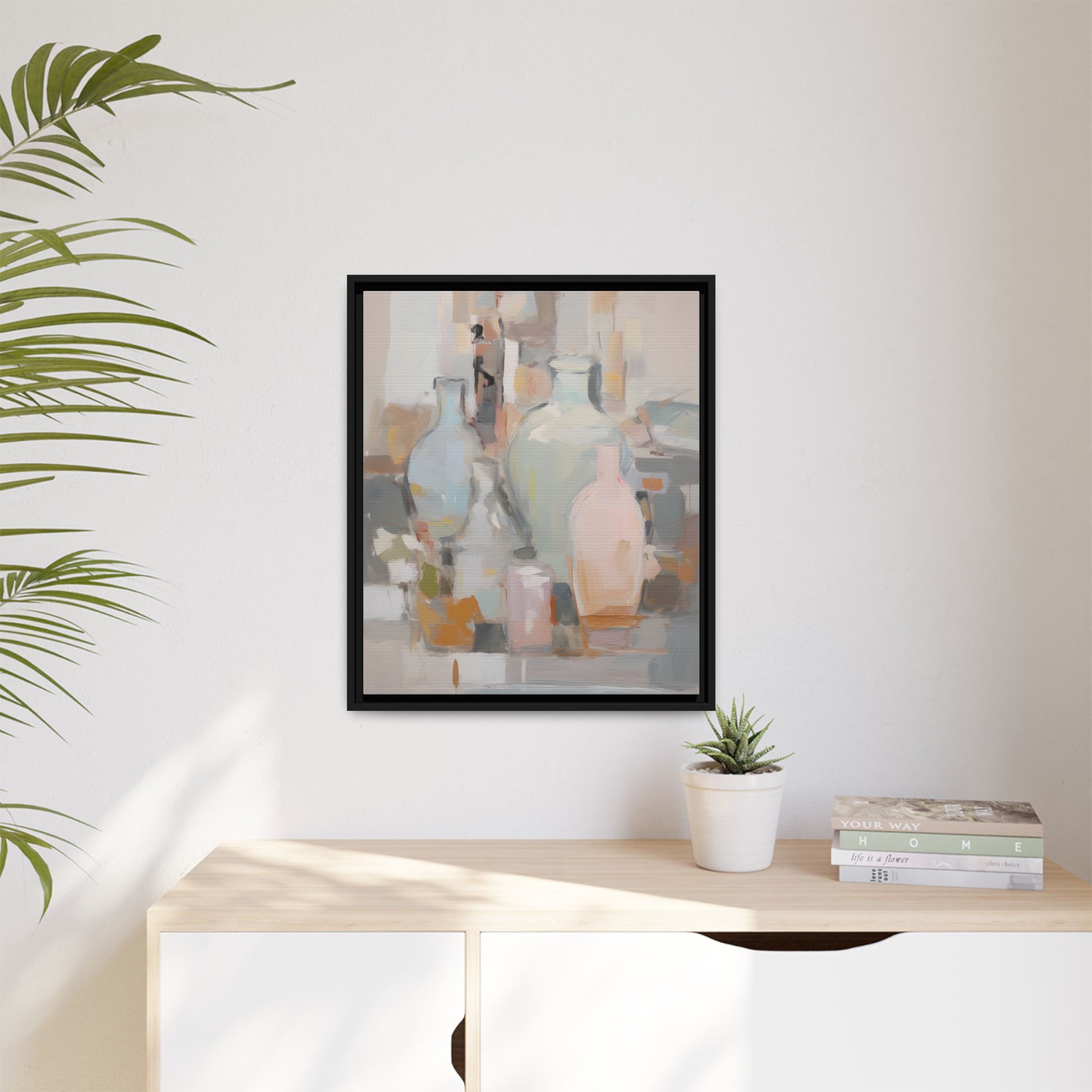 Modern Abstract Still Life Wall Art – Colorful Framed Canvas with Blue, Pink & Terracotta Bottles displayed in a bright room.