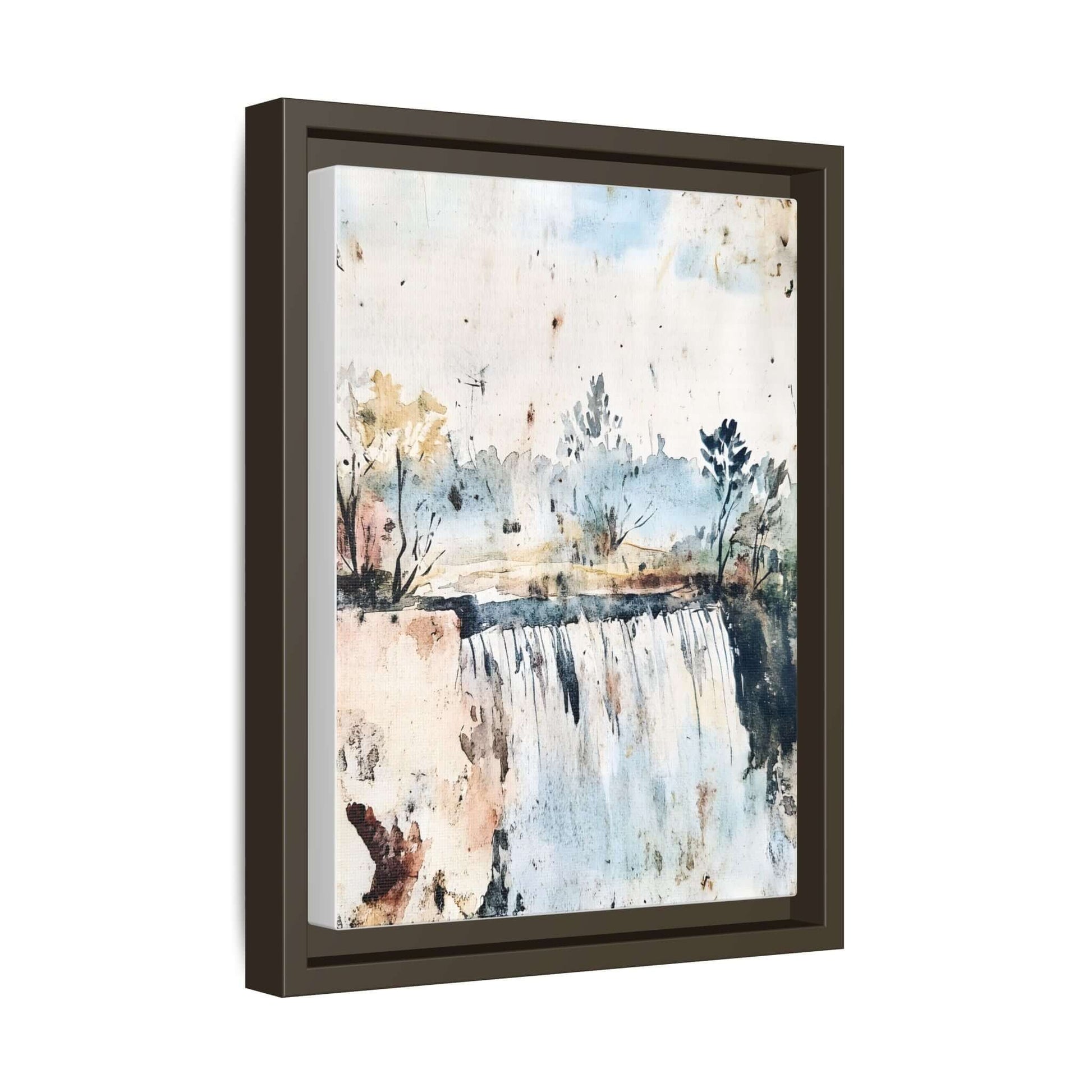 Framed watercolor wall art of serene landscape with waterfall and trees, perfect for home decor. Available in various sizes.