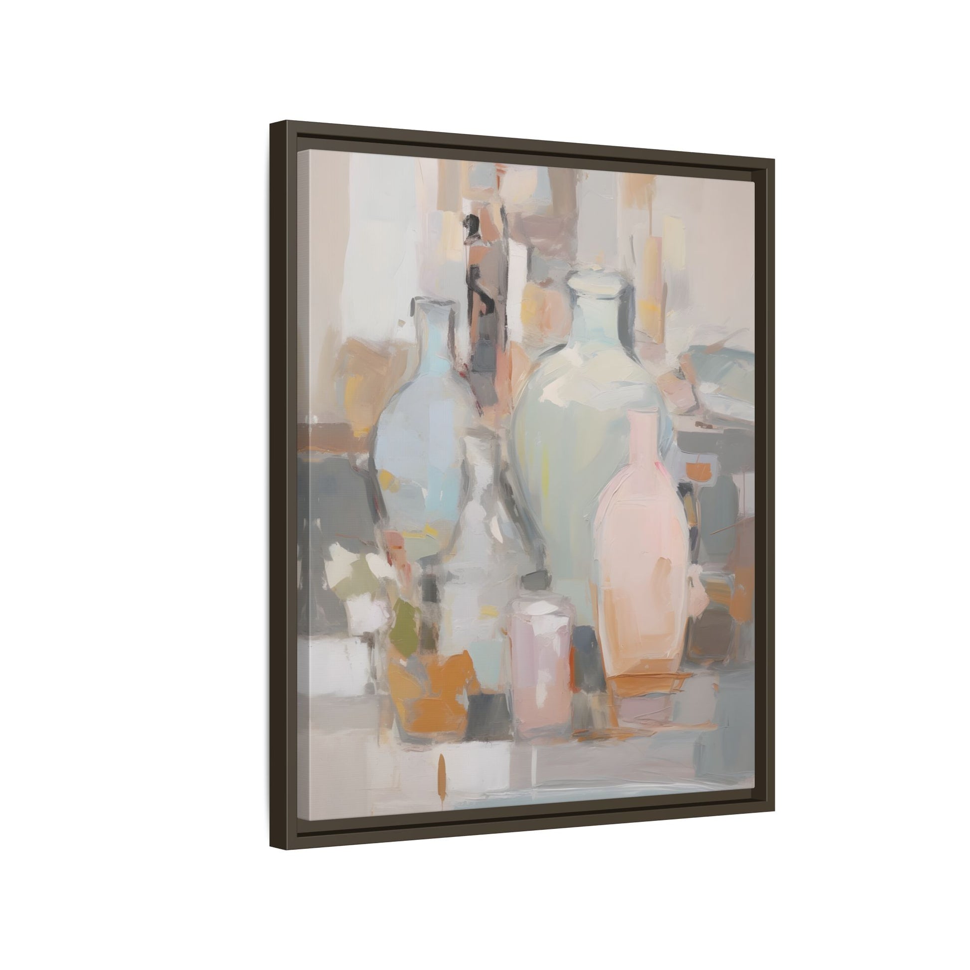 Modern Abstract Still Life Wall Art – Colorful Framed Canvas with Blue, Pink & Terracotta Bottles, ideal for contemporary decor.
